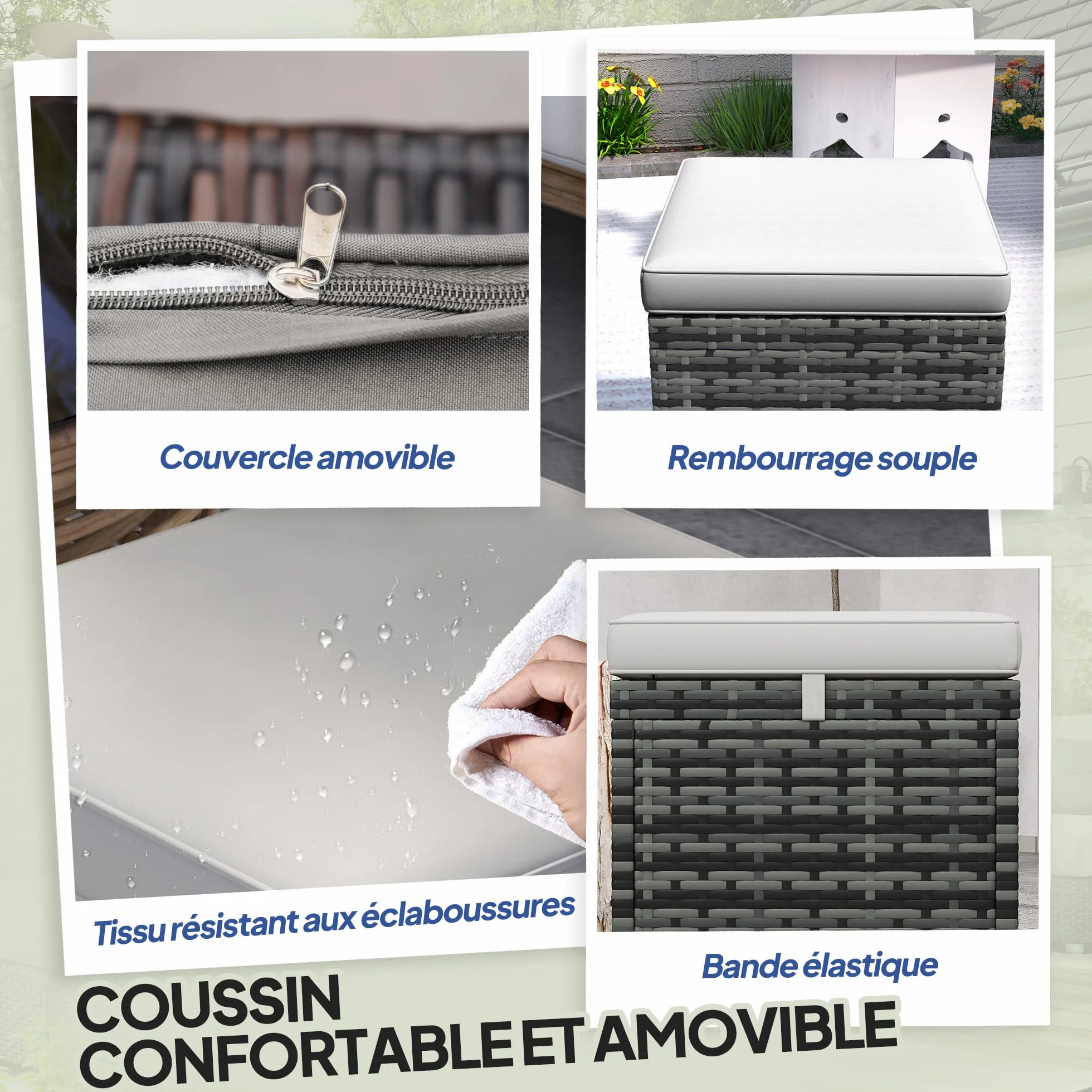 Outsunny Lot de 2 Tabourets avec Rangement en Rotin PE, Pouf Jardin 40x40x41 cm Gris Clair