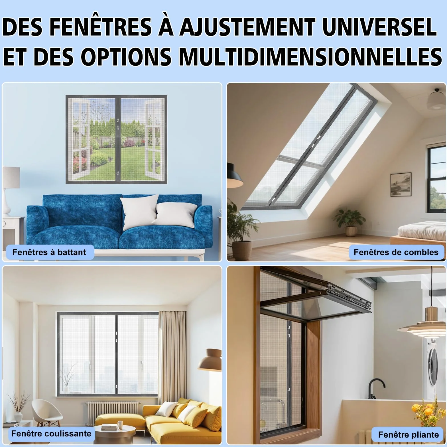 Moustiquaire Fenetre Adhésive avec Fermeture Éclair 110x120 cm Bande Auto-agrippante Transparent Tissu PP Respirant Réutilisable Lavable Gris Clair