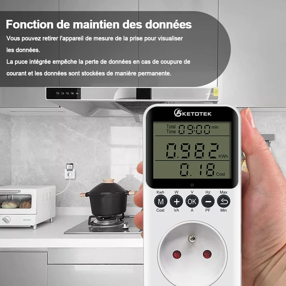KETOTEK Wattmètre Prise Compteur d'Énergie, Écran LCD Rétroéclairé, Protection Contre Les Surcharges 3680W