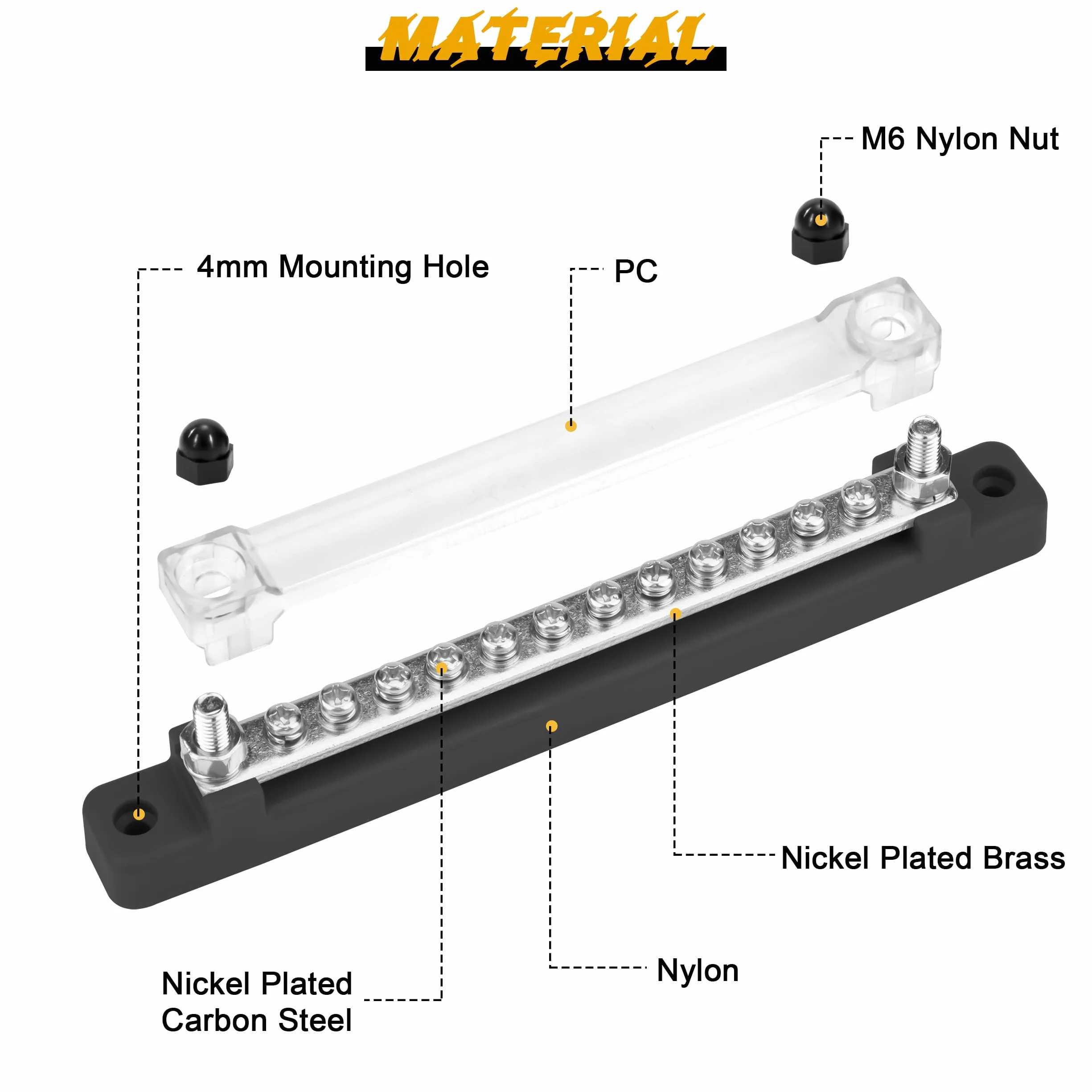 Bloc de Distribution d'Alimentation 12V-48V DC Barres de Distribution d'Énergie BusBar 150A avec Boulons M4 pour Voiture Camion Bateau