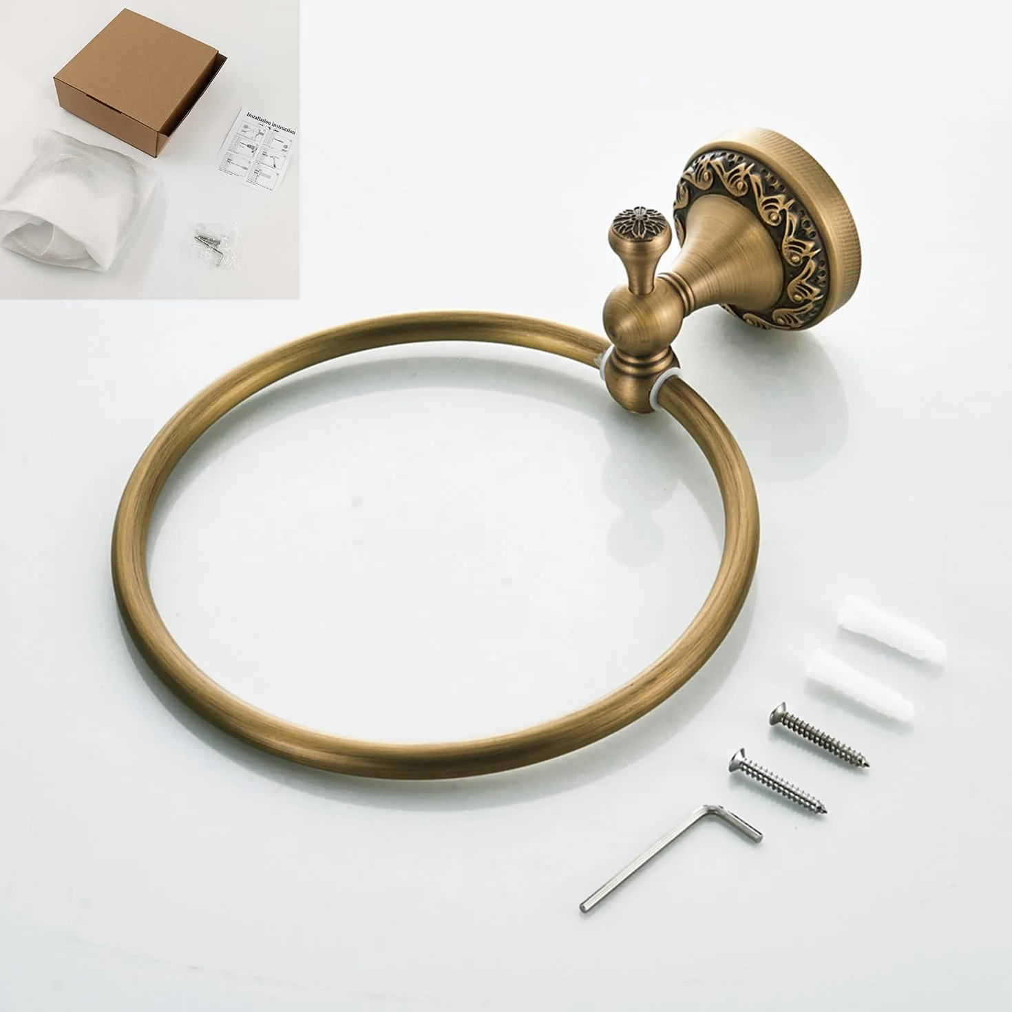 Porte Serviette Rond Laiton Antique avec Motif Exquis Carving Mural Salle de Bain, Bronze Brossé