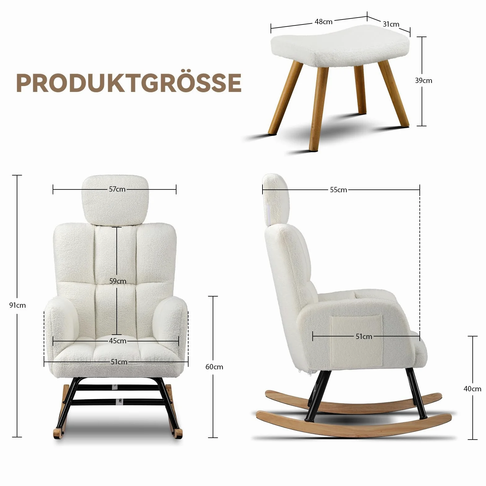Comhoma Fauteuil à bascule avec tabouret, fauteuil relax en peluche de style oreillette, fauteuil à bascule pouvant supporter jusqu'à 150 kg, chaise longue de jardin pour la chambre à coucher, le