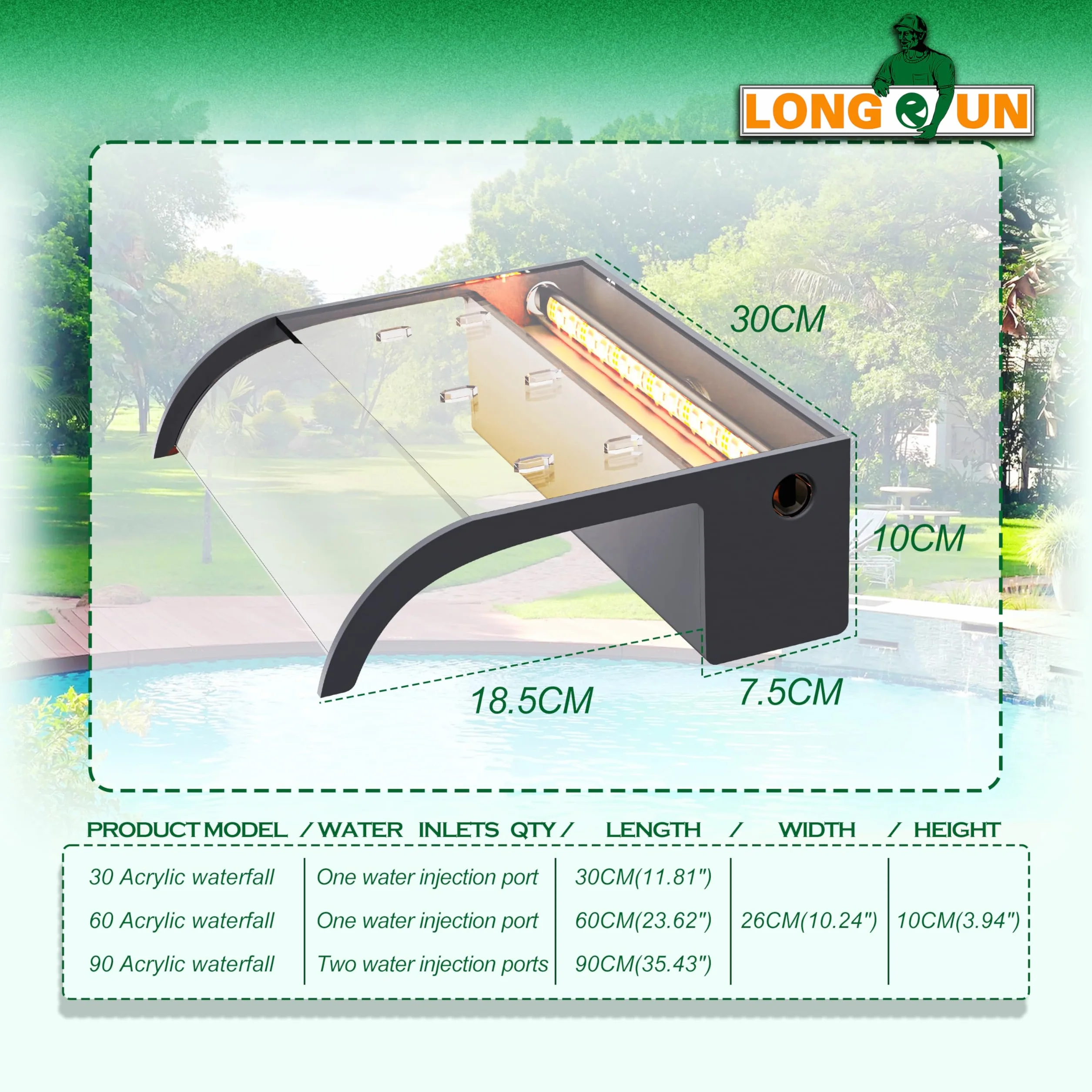LONGRUN Kit Cascade Bassin 30cm Acrylique incurvée LED Bluetooth 7 Couleurs Télécommande Largeur 26cm