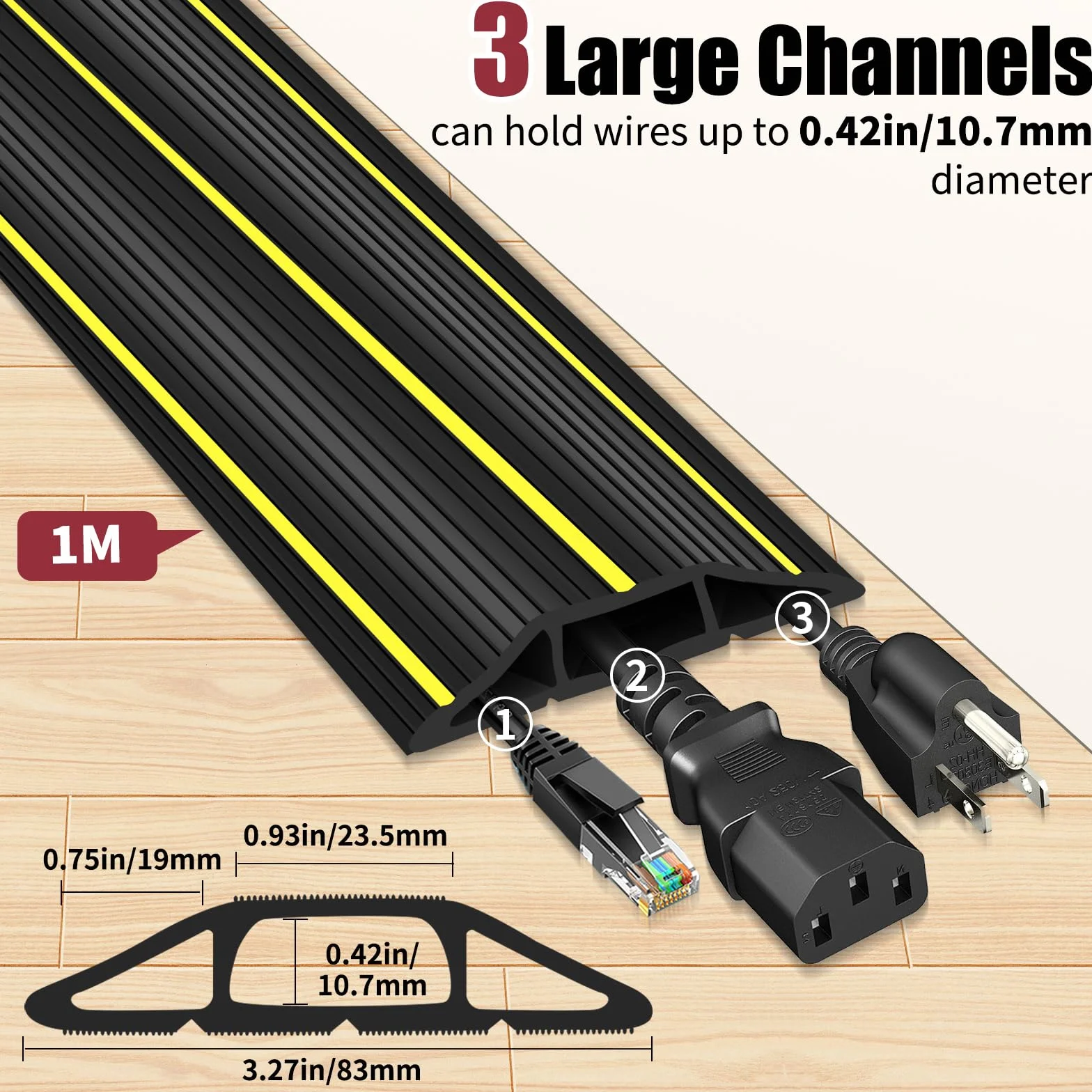 SEGNAYEN Protecteur de câble de sol 1 m, Cache-câble extérieur en caoutchouc robuste, 3 canaux