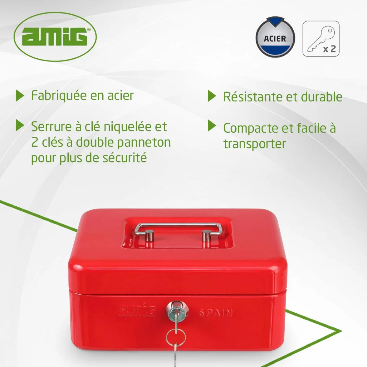 Amig Coffre-fort Acier Rouge 150 x 110 x 70 mm avec Plateau à monnaie et 2 clés