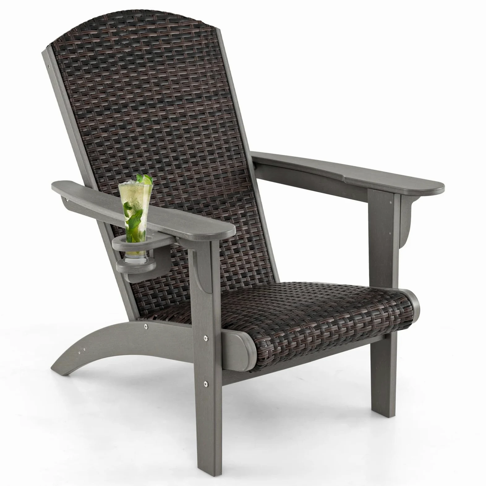 COSTWAY Fauteuil Jardin Exterieur, Chaise Adirondack en HDPE, Porte-Gobelet Rotatif, Siège et Dossier Rembourrés en Rotin, Chaise Longue pour Jardin Porche, 92 x 76 x 100 cm, Charge 150 kg (Gris)