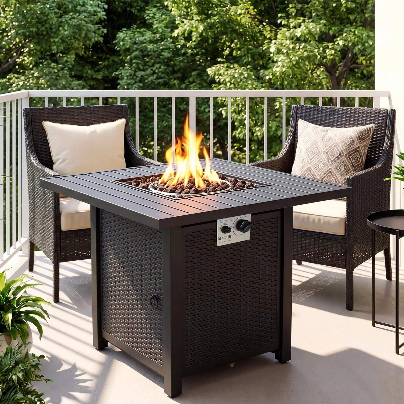 Foyer à Gaz Extérieur 28" Table de Cheminée avec Housse Protection Imperméable Pierres de Lave 72,5 x 72,5 x 67,5 cm