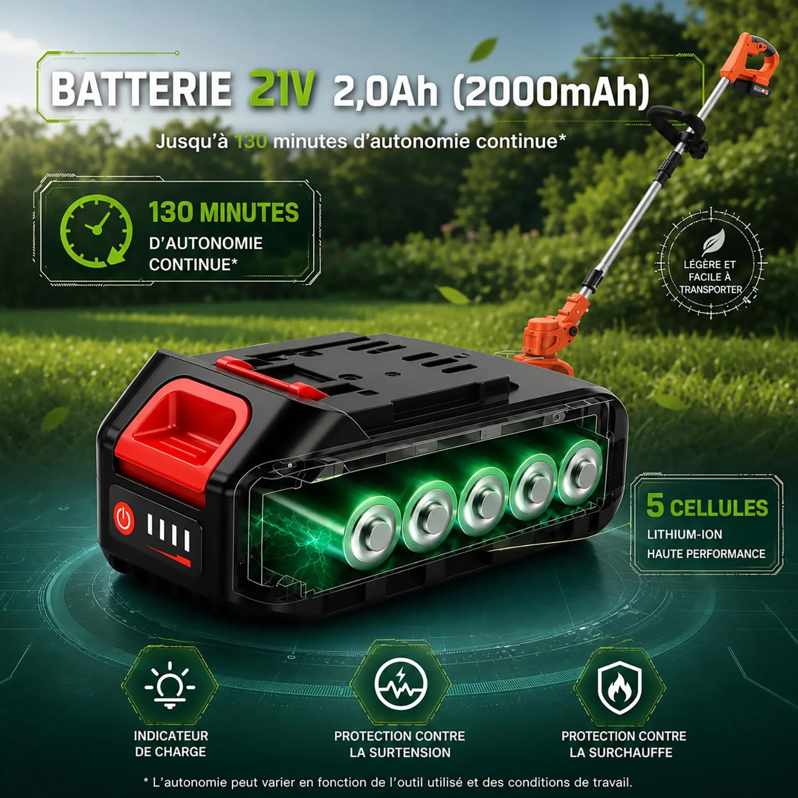 Debroussailleuse Electrique sans Fil 850W Rotofil 60cm Manche Telescopique 2x 2000mAh 26 Lames Orange Cuivré