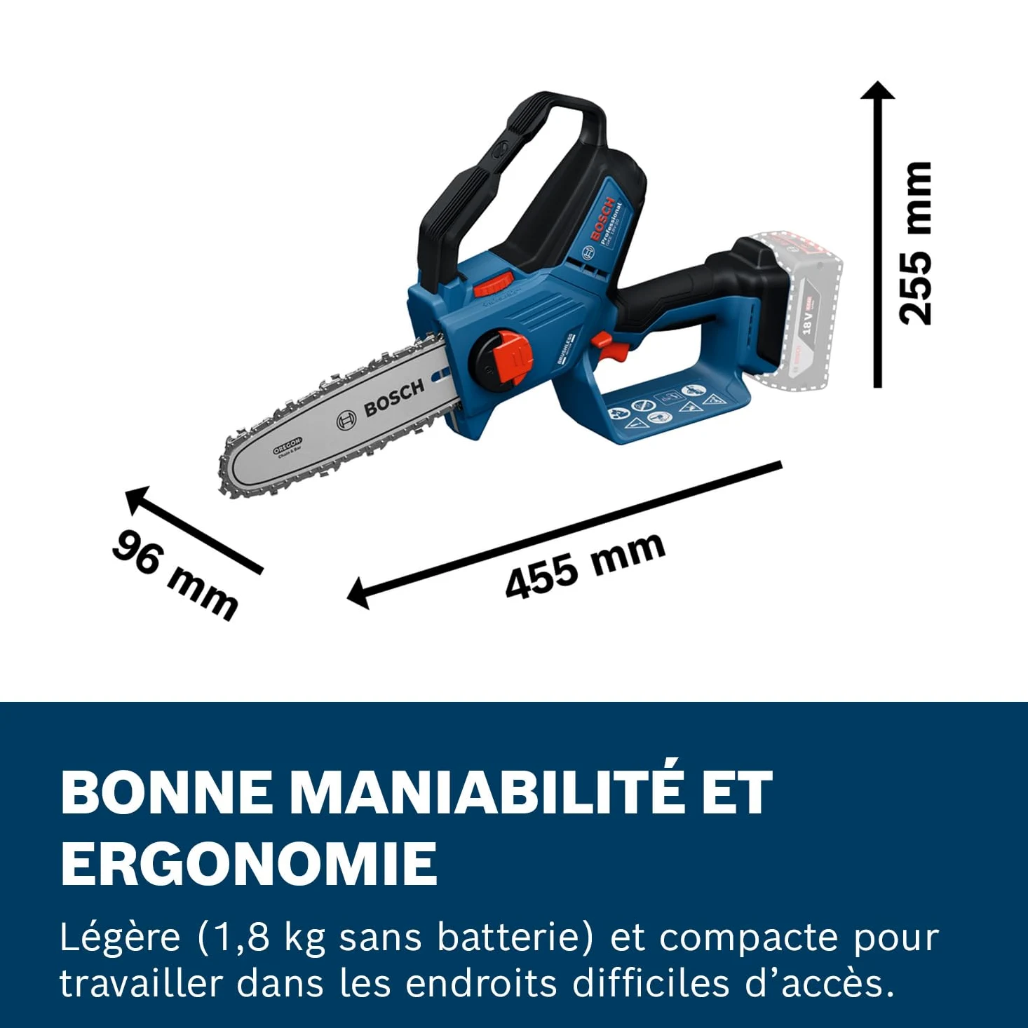 Bosch Professional 18V System Élagueuse GKE 18V-20 (jusqu'à 350 coupes par charge, coupe jusqu'à 18 cm, moteur sans charbons, fourreau de 20 cm, sans batterie)