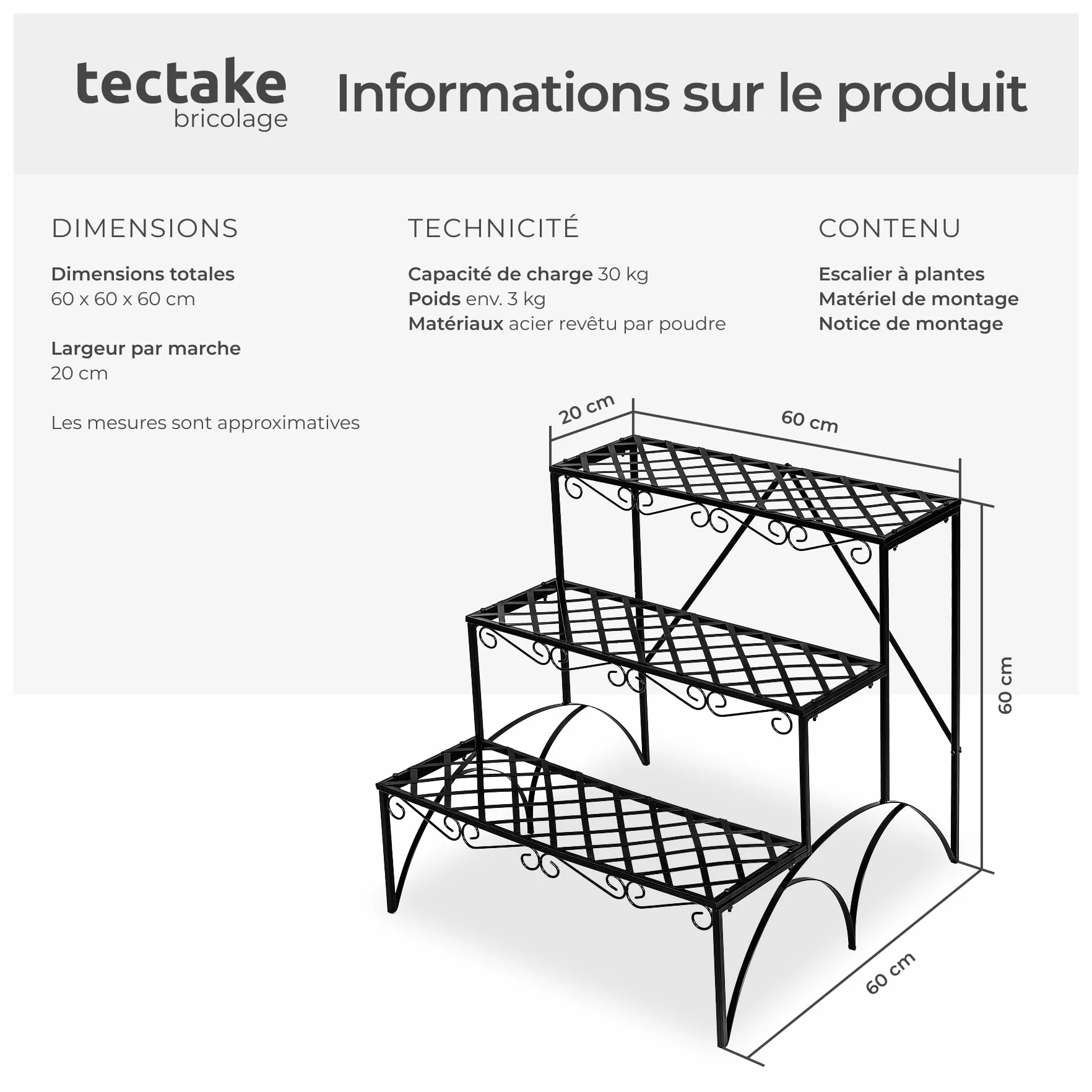 Tectake Étagère escalier droite Porte plante 3 niveaux métal 60 x 60 x 60cm Charge max 30kg