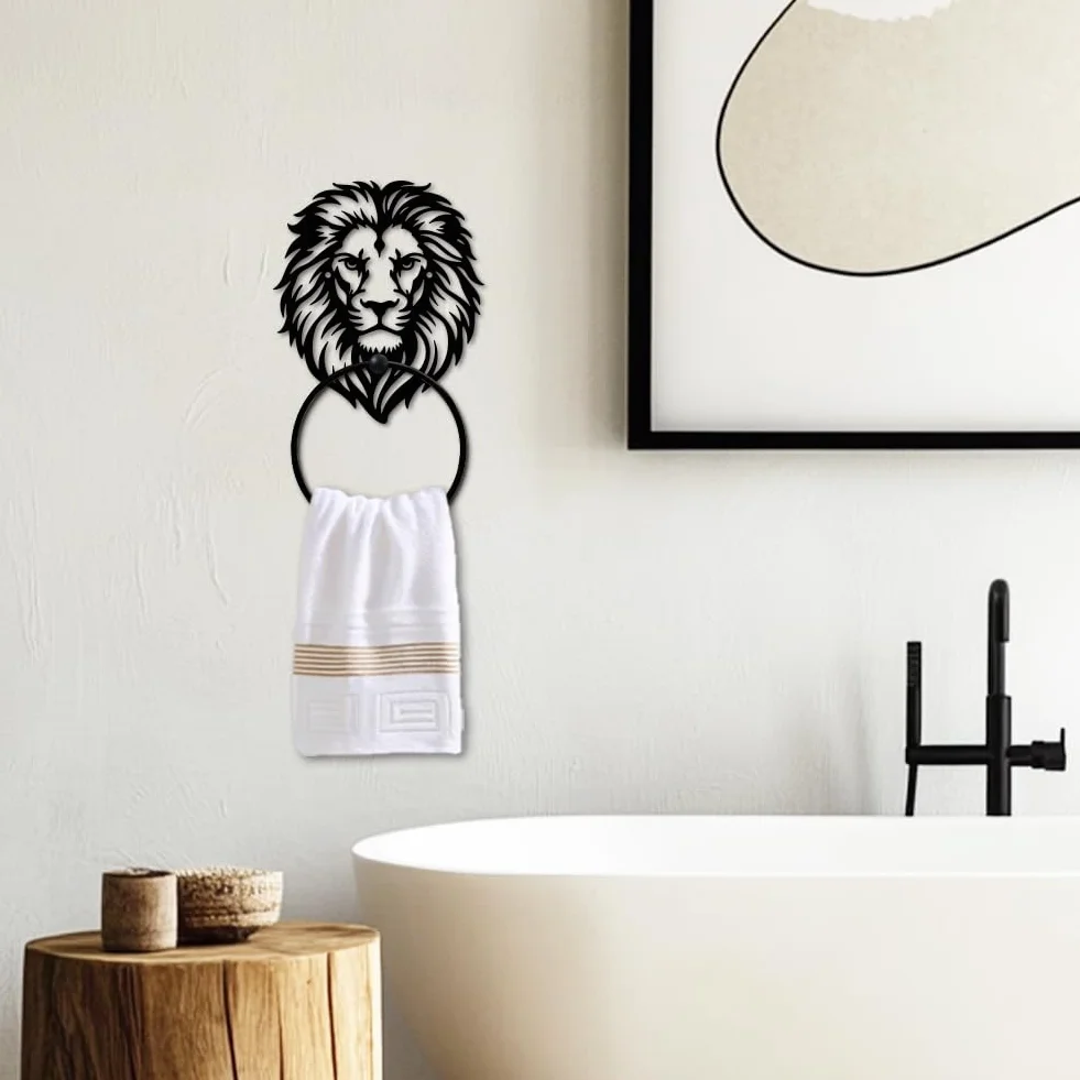 MAYJOYDIY Anneau Porte Serviette en Métal Tête de Lion Noir Motif Animaux Forêt Accessoires Salle de Bain