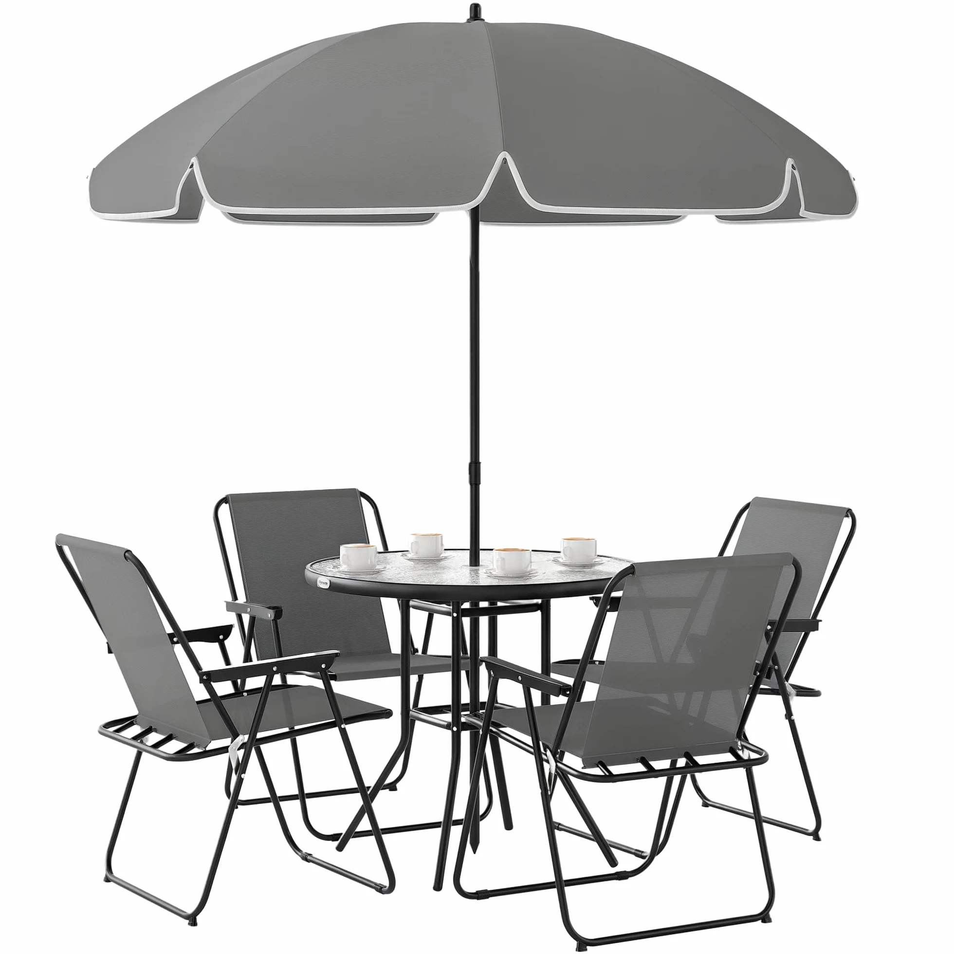 Outsunny Ensemble de Jardin de 6 Pièces avec Table et 4 Chaises Pliables en Textilene - Mobilier de Jardin Extérieur avec Table en Verre et Parasol pour Terrasse et Patio - Gris