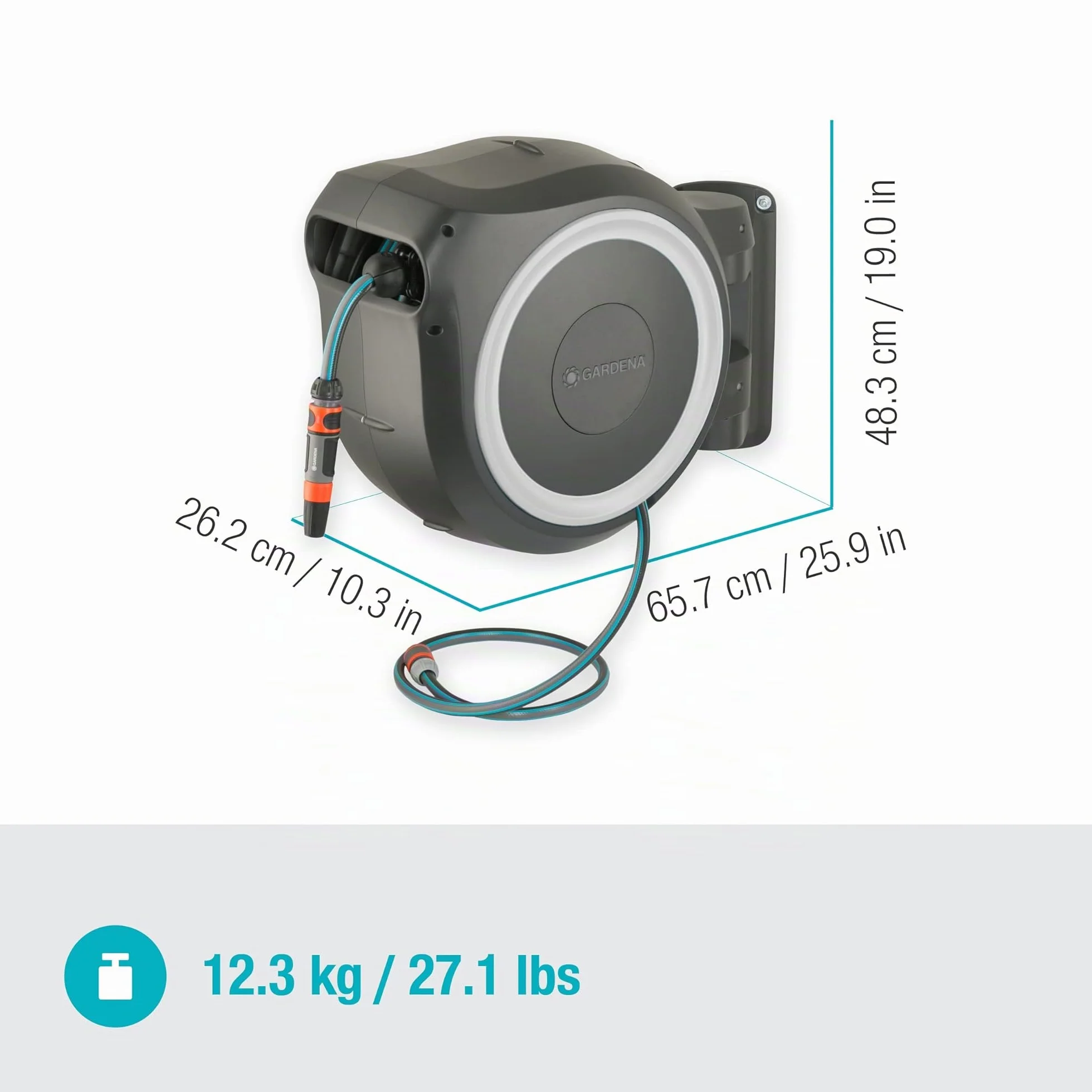 Gardena Enrouleur de Tuyau Mural Rollup L 30m Ø13mm Dévidoir pivotant 180° Kit Complet Lance Raccord Tuyau Support Mural Inclus