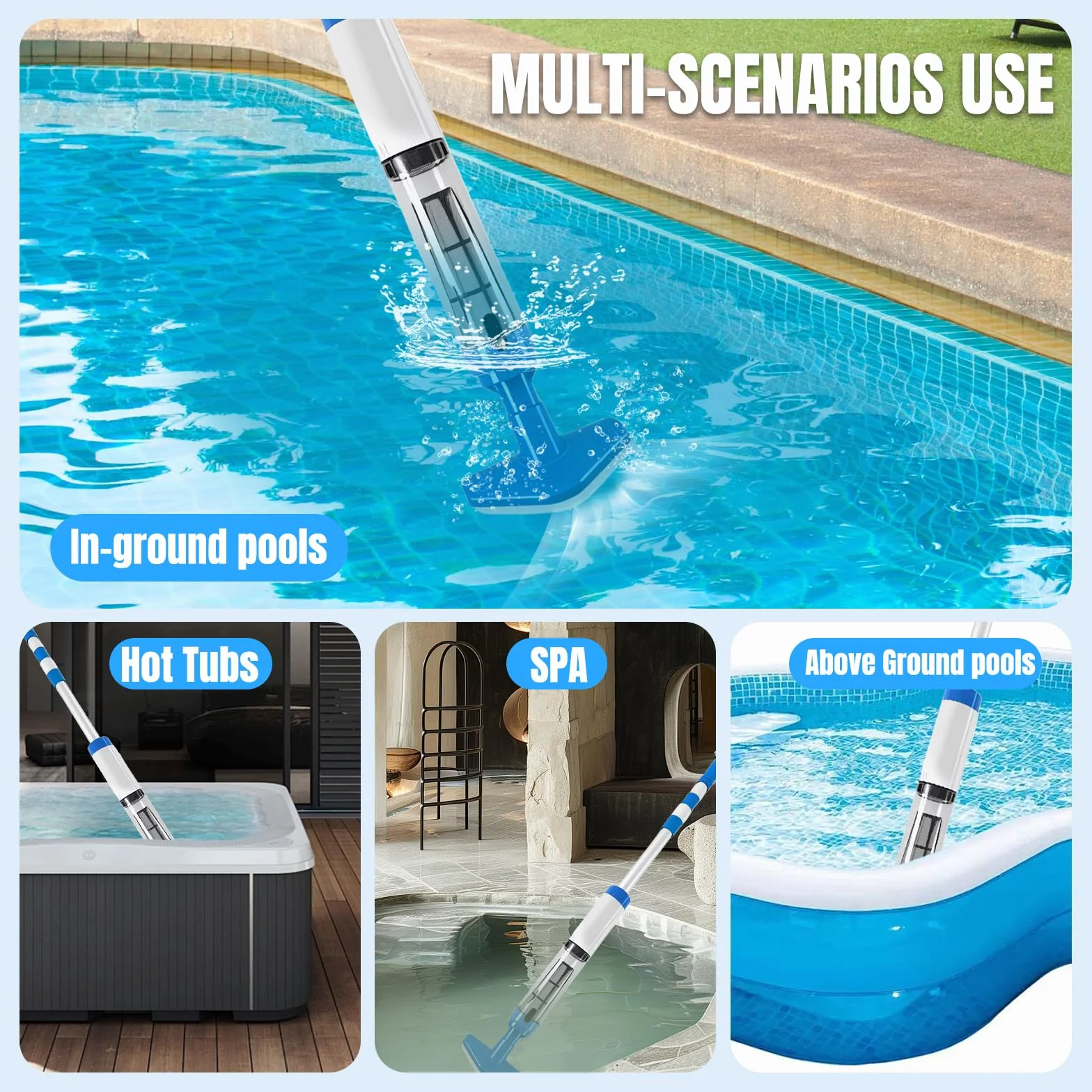 3 en 1 Aspirateur de Piscine sans Fil, Nettoyeur Électrique à Batterie Rechargeable, Aspirateur Piscine pour Spa, Bain à Remous, Piscine Hors-Sol et Piscine Enterrée