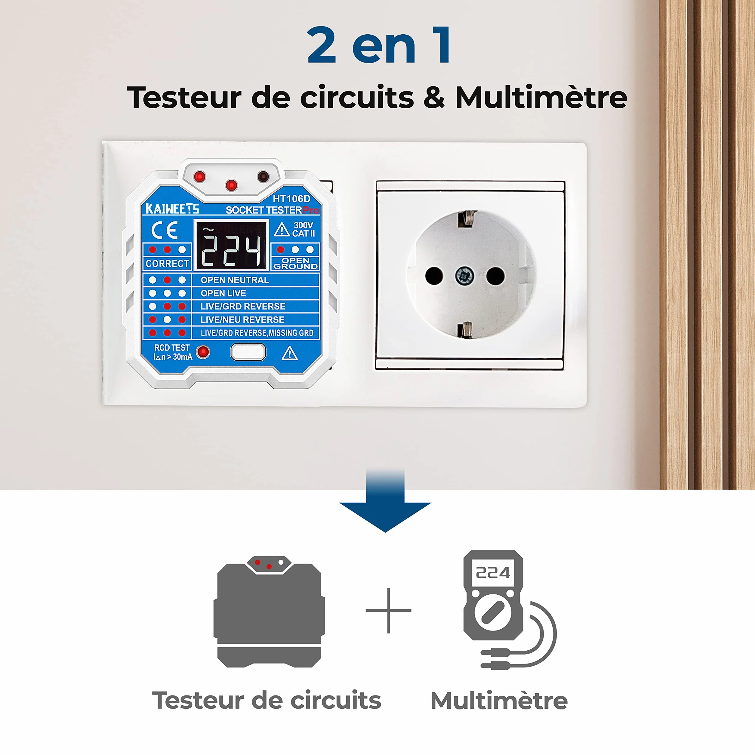 KAIWEETS Testeur de Prise, Testeur de Circuit Electrique, 48-250V CAT II 300V