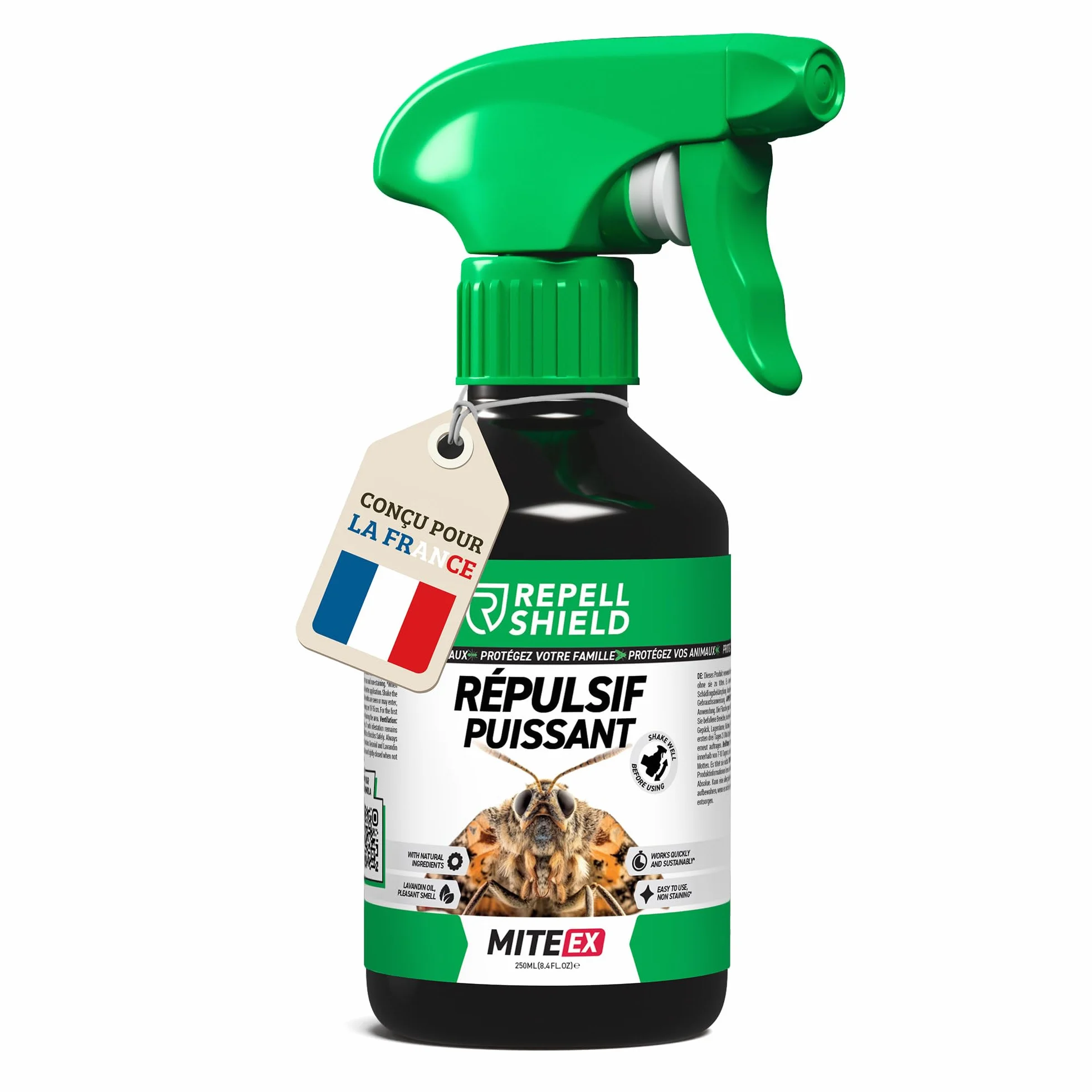 RepellShield® Lavande Spray Anti Mites Textiles -250ml- Non Tachant - Aux Huiles Essentielles Naturelles - Barrière Répulsive Anti Mites Vetements pour Penderie, Armoires, Literie, Rideaux, Tapis