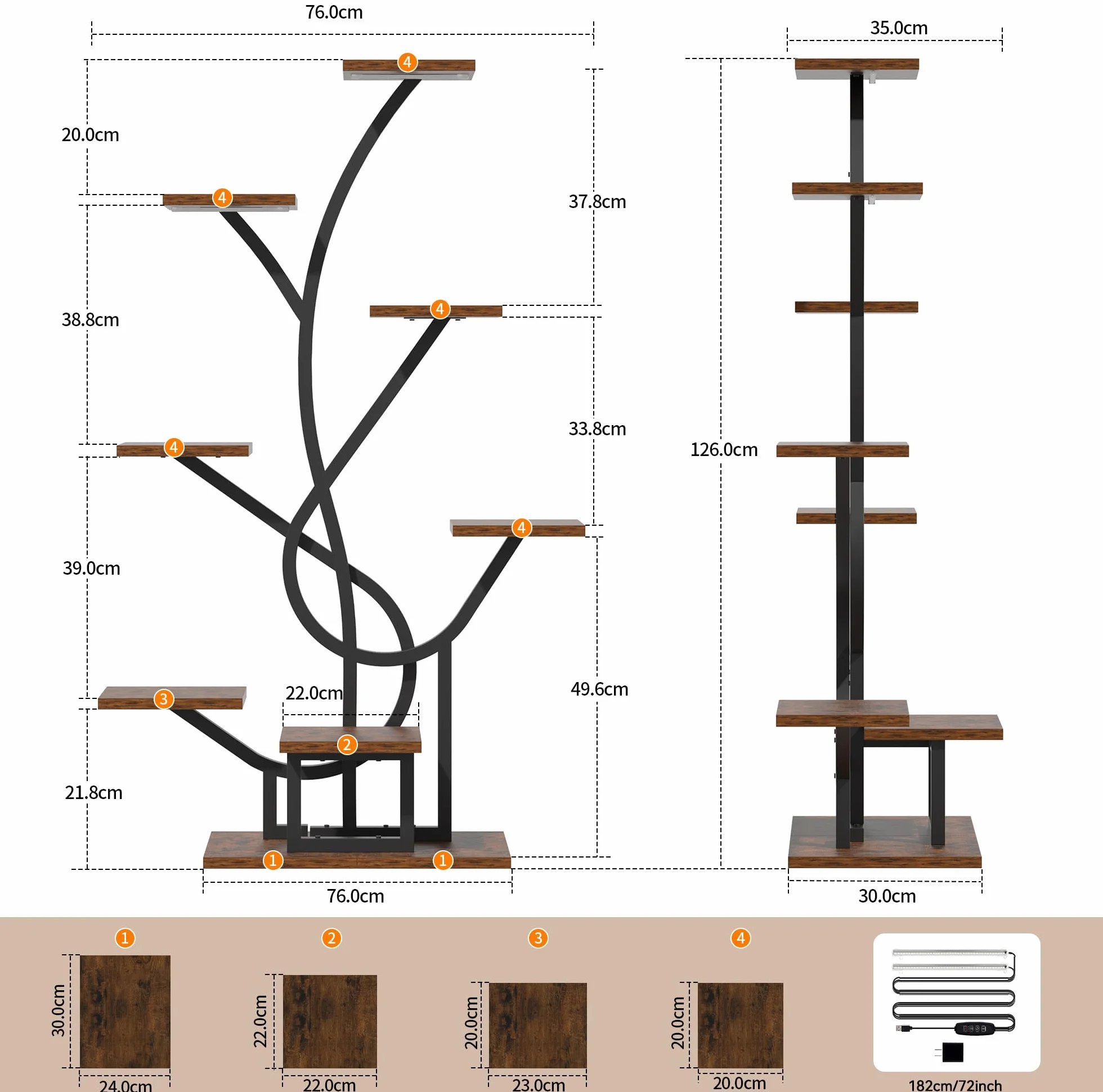 BACEKOLL Support pour plantes avec lumière de croissance 126 cm Métal Bois Noir Étagère à plantes
