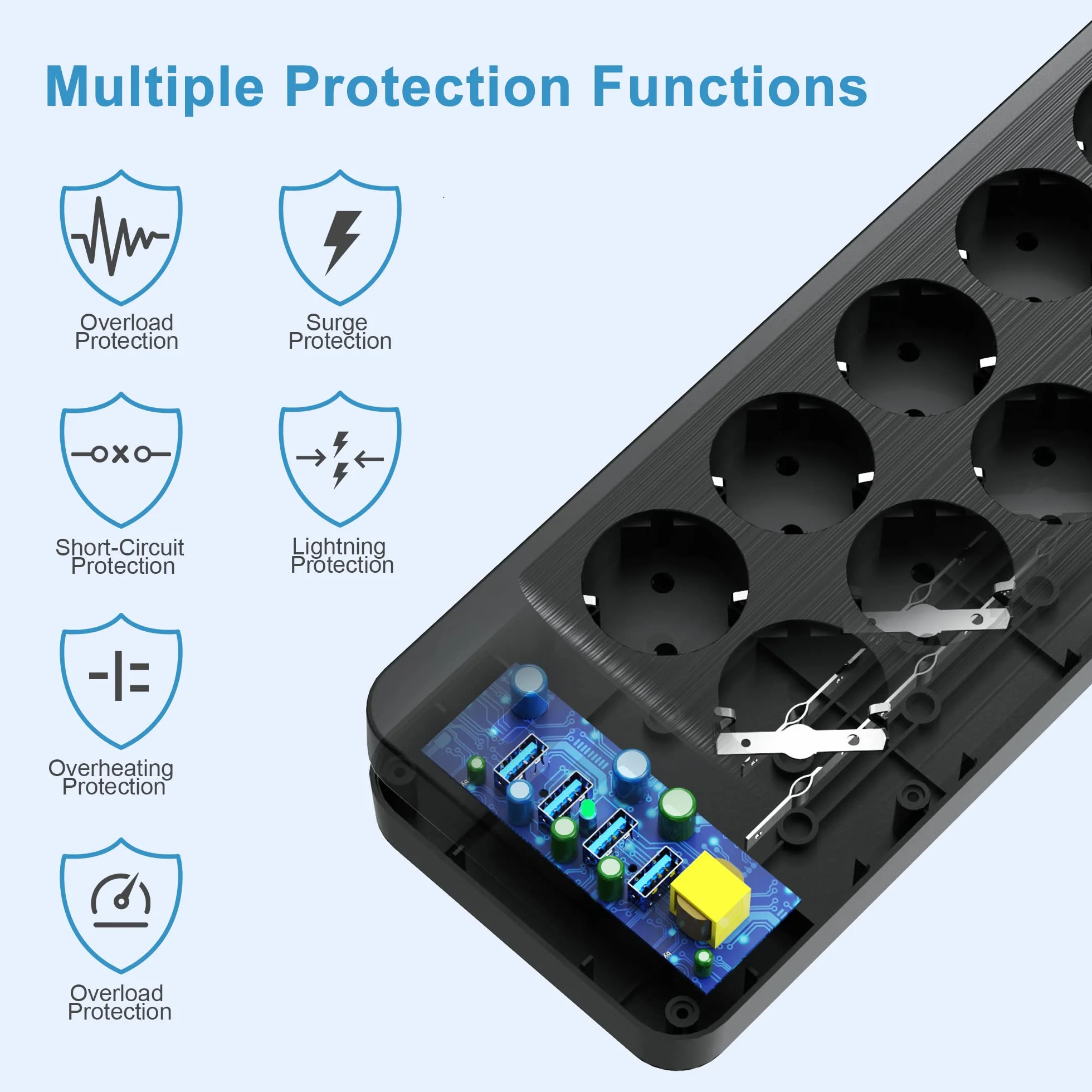 Multiprise Electrique 10 Prises 4 Ports USB Parafoudre 16A/3680W Câble 2M Noir