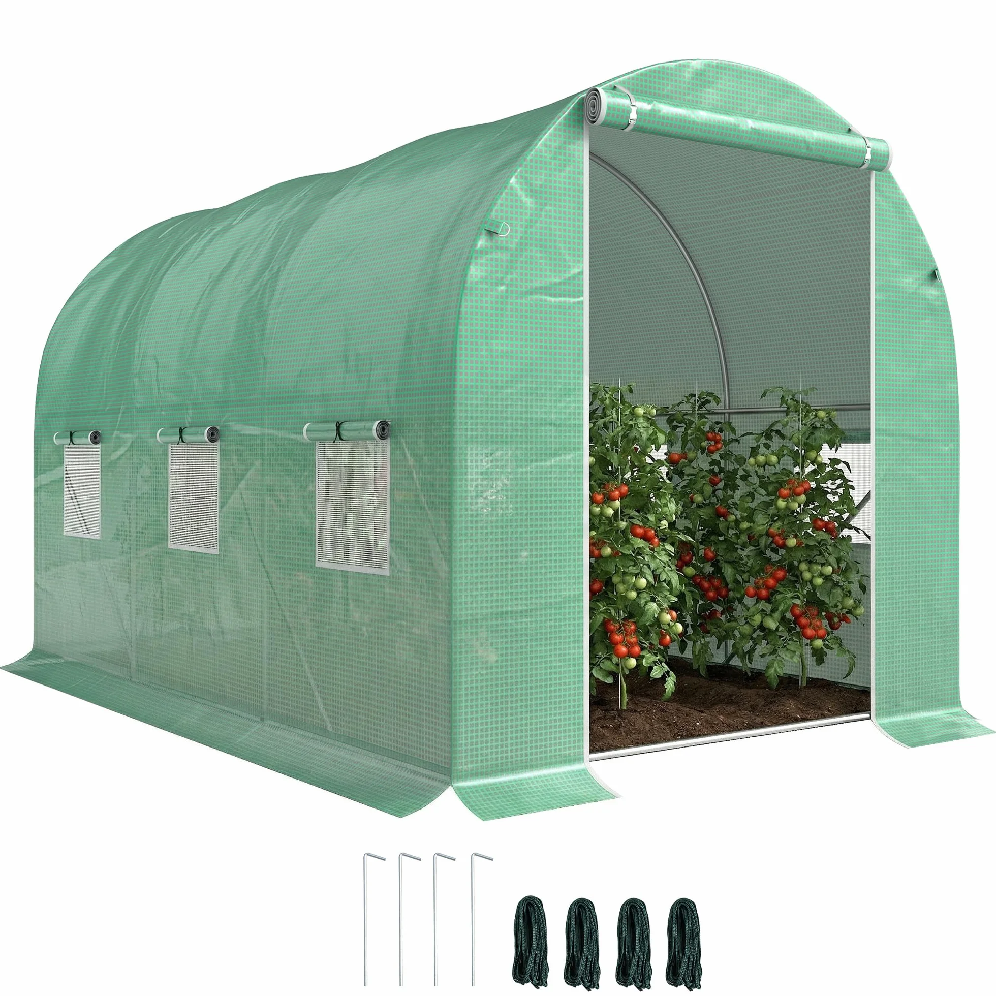 Outsunny Tunnel Serre de Jardin Surface au Sol 6 m² dim. 3 x 2 x 2 m Châssis Tubulaire renforcé Porte battante 6 fenêtres enroulables Vert