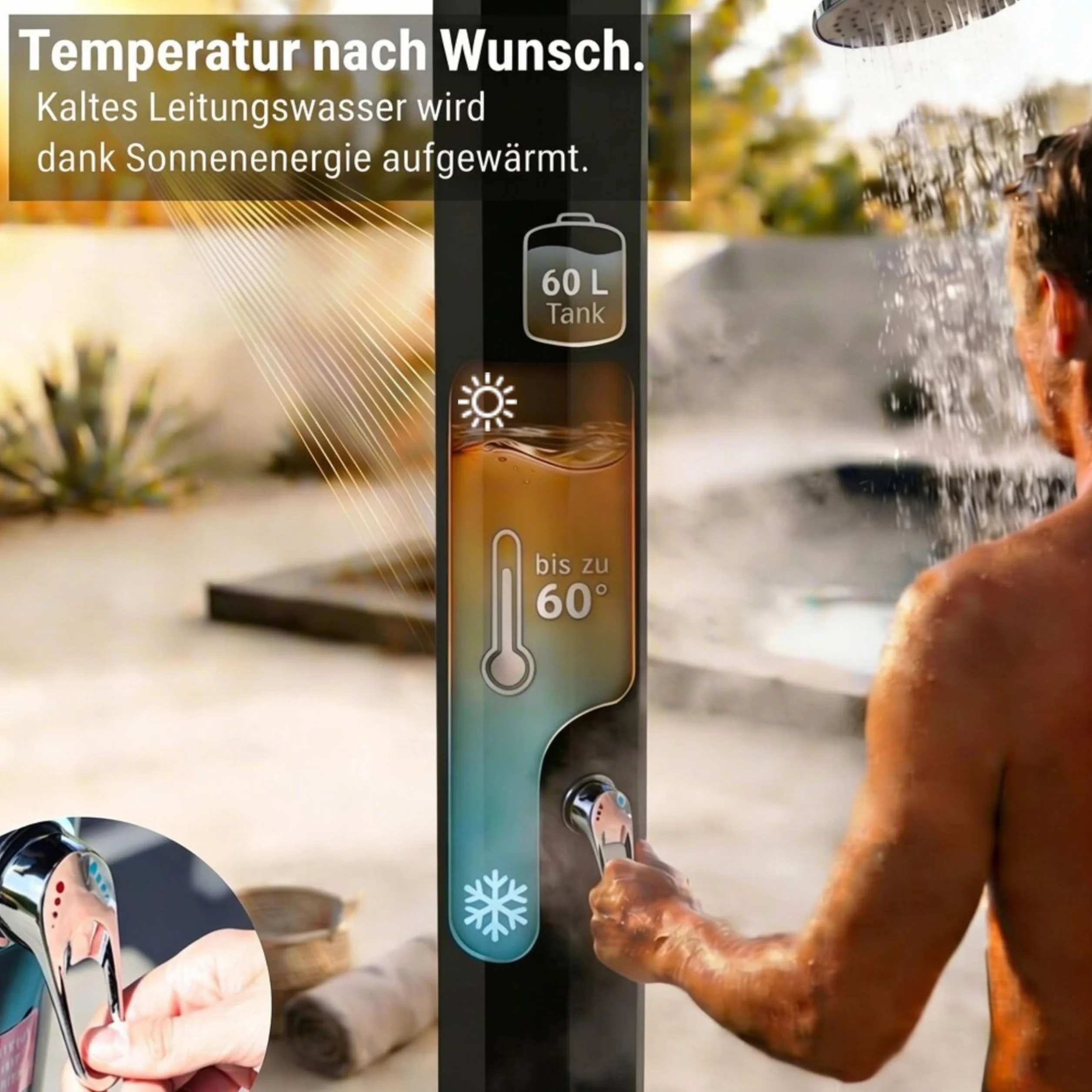 Novaterra Douche solaire noire 60 l – Douche jardin avec pommeau pluie et bac rangement