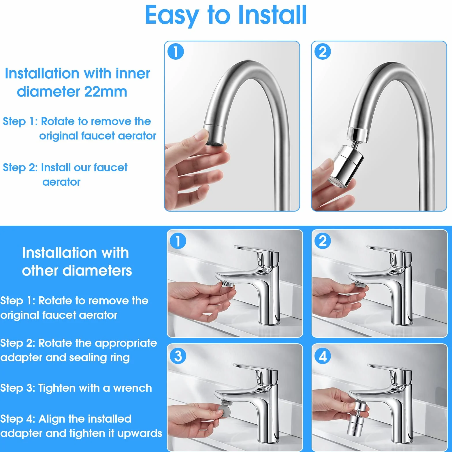 Aérateur de Robinet 360° Pivotant Mousseur 2 Modes Anti-éclaboussures pour Évier Cuisine Salle de Bain FM22