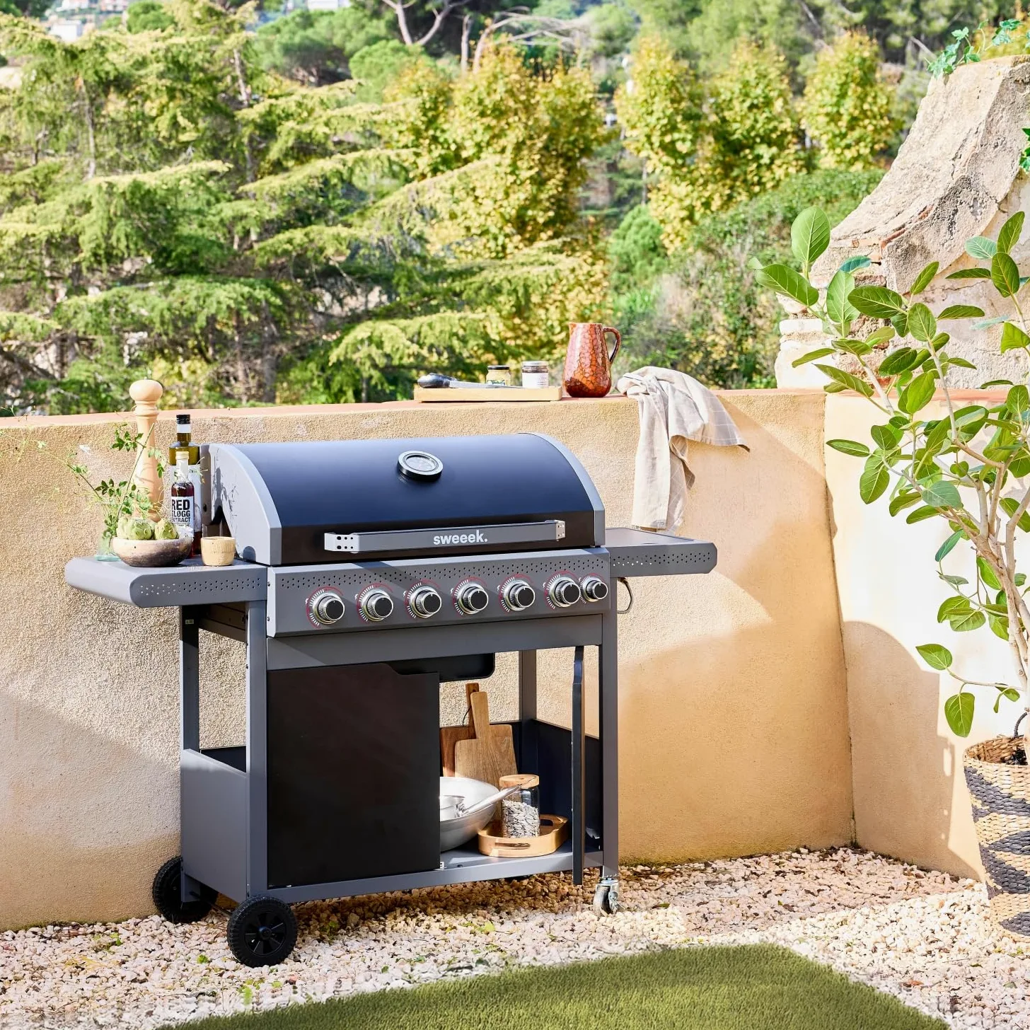 sweeek - Barbecue au gaz Edmond noir - 6 brûleurs + 1 feu latéral. avec thermomètre. L 132x P62 x H143 cm