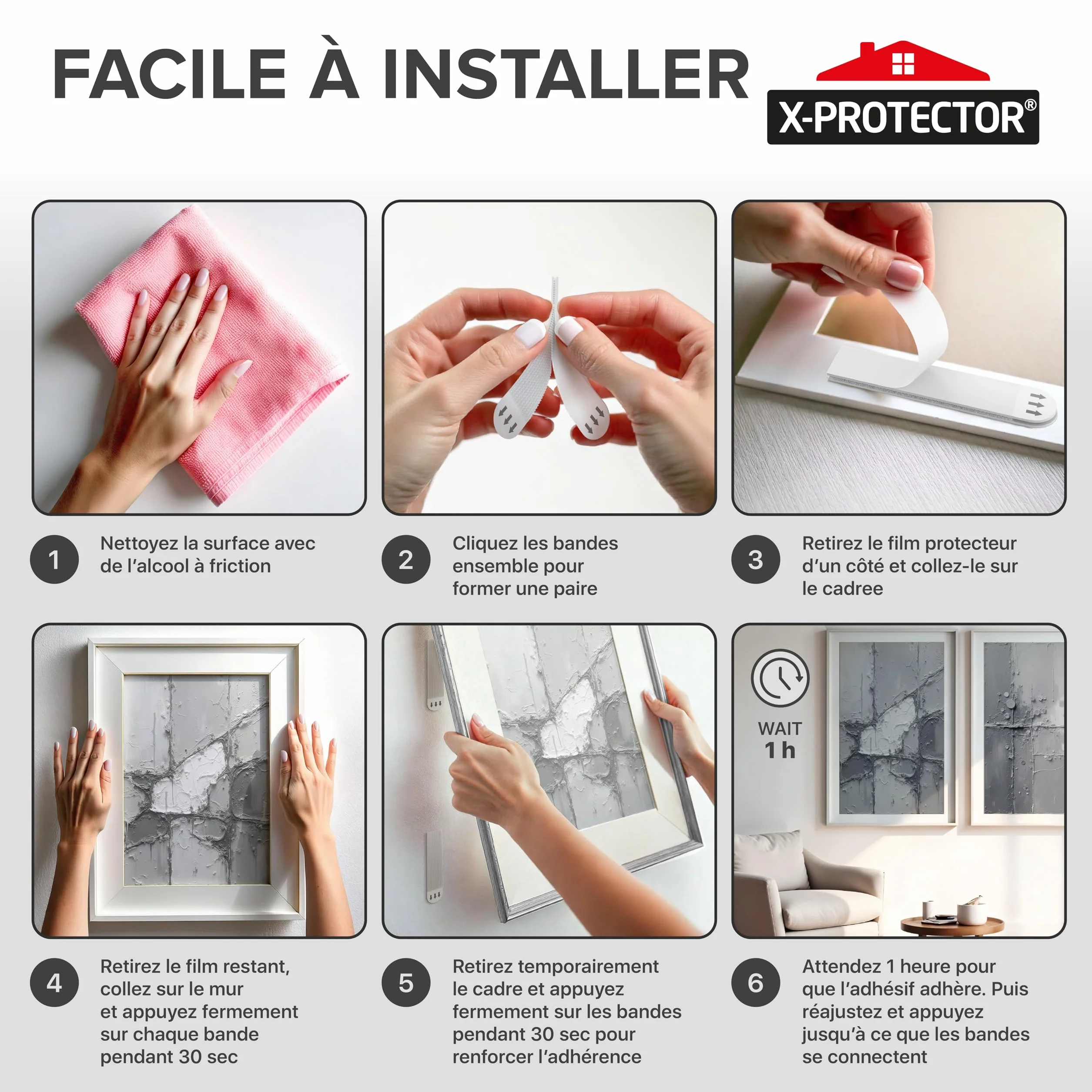 X-Protector Languettes Accroche Tableau 28 paires Sans Percage Adhésif jusqu'à 9 kg Taille M+L