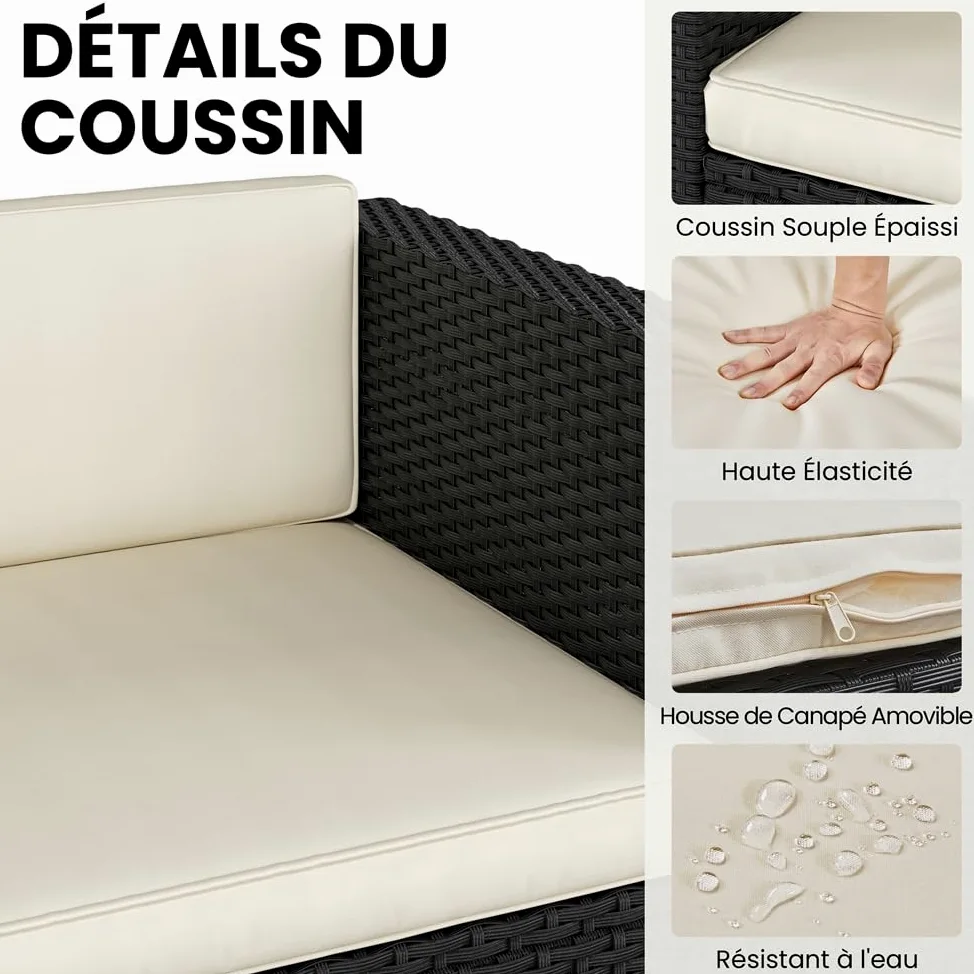 Yaheetech Salon de Jardin Exterieur 4 Personnes en Polyrotin Ensemble Mobilier de Jardin 5 Pièces avec 3 Canapé Modulables 1 Table Basse 1 Ottomane pour Balcon Bistro Patio Terrasse Noir/Beige
