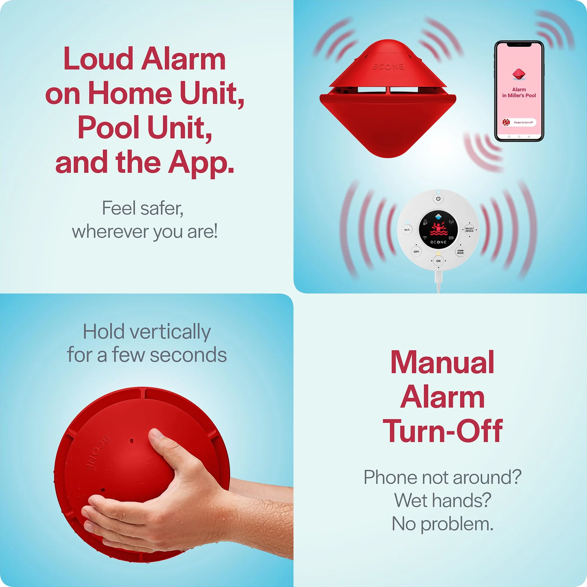 Lifebuoy BCone : Système d'alarme de sécurité Flottant pour Piscine avec bouée supplémentaire. Compatible Alexa et Google Assistant. Connectivité Wi-FI, contrôle par Application. Alarme puissante.
