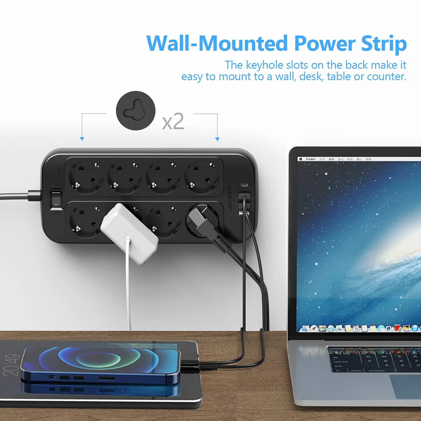 JSVER Multiprise 8 Prises USB C USB A Parasurtenseur Cordon 2m Noir