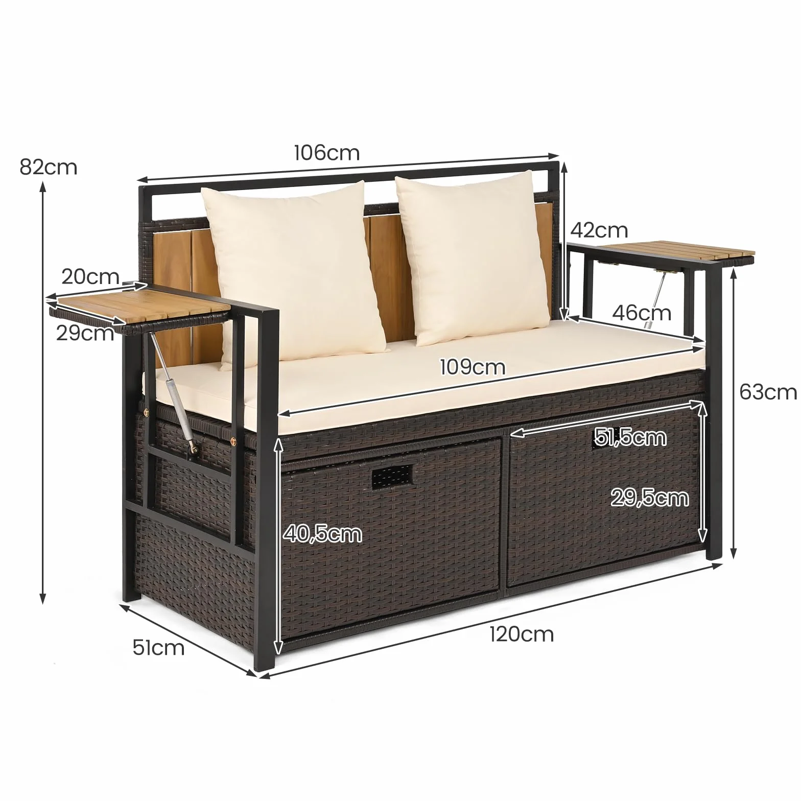 SOARS Canapé Extérieur Salon 2 Places, Canapé de Rangement 142,5 L en Rotin PE, avec Coussin, 2 Oreillers, Structure Métallique, 2 Table d'Appoint Pliante, Charge 360 KG, pour Jardin Balcon (Blanc)