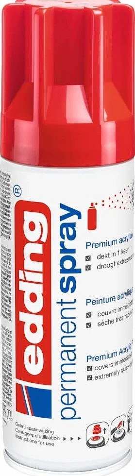 Edding 5200 Permanent Spray Traffic Red Glossy 200 ml Acrylic Paint for Glass Metal Wood Ceramic Plastic Canvas