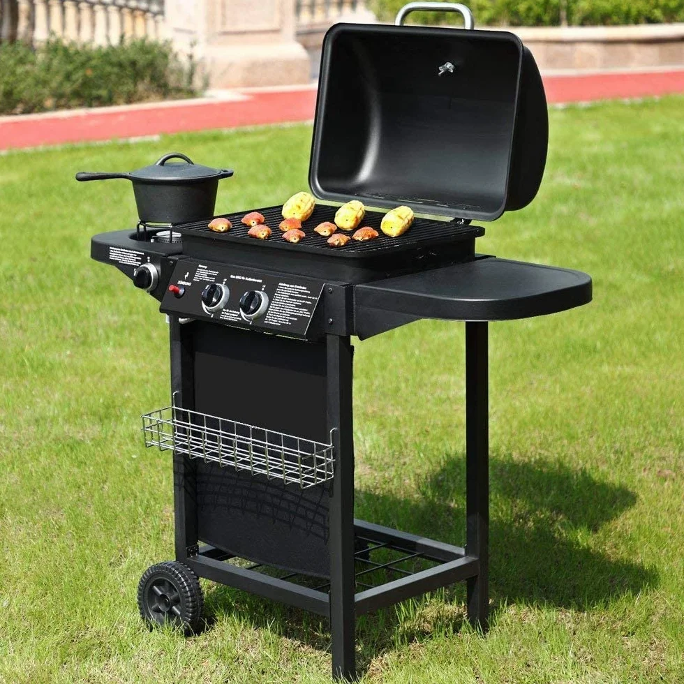 Barbecue à gaz avec 2 brûleurs à gaz compacts, brûleurs latéraux, grilles de barbecue, tables latérales et voiture en acier, 8,7 kW