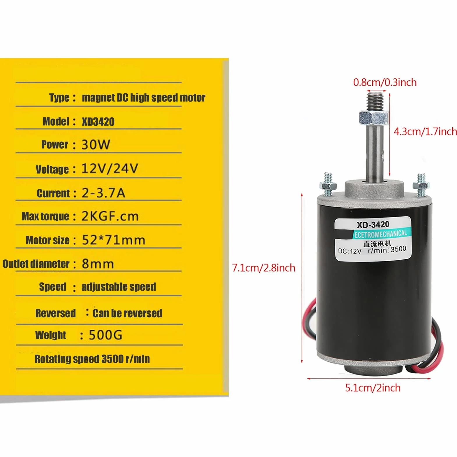 Moteur à courant continu à aimant permanent 12/24V 30W 3500RPM CW/CCW grande vitesse