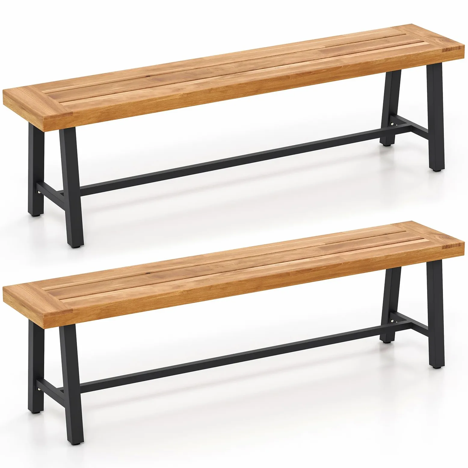 GIANTEX Banc de Jardin en Bois d'Acacia 160 x 32 x 45 CM, 3-4 Places Banquette d'Exterieure avec Barres de Support, Pieds Réglables, Charge 320 KG, Assise Large pour Terrasse, Parc (2)