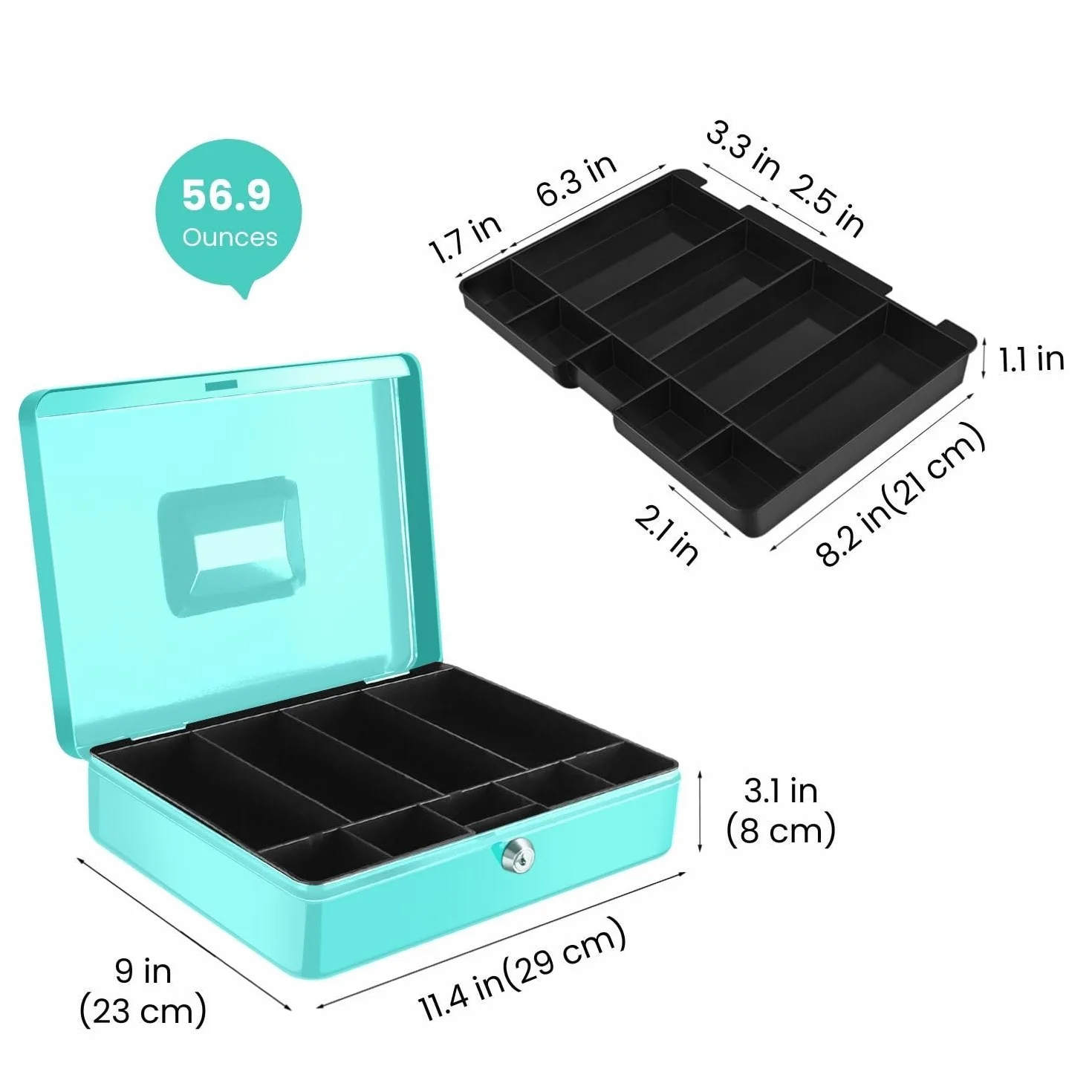 Flexzion Caisse à monnaie métal 9 compartiments plateau amovible clé