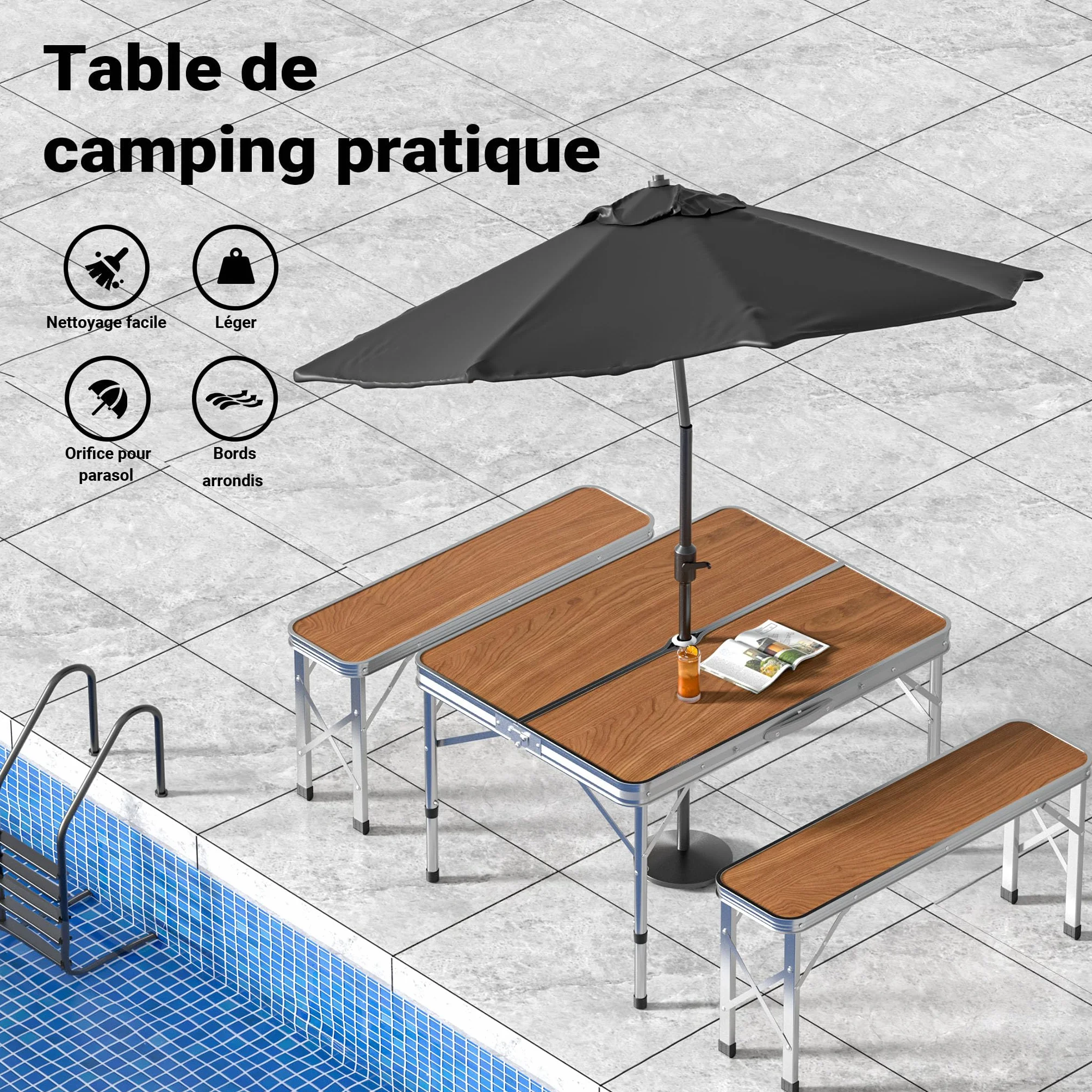 WilTec Table Pliante Valise 900 x 660 x 700 mm Aluminium MDF Camping Pique-Nique BBQ