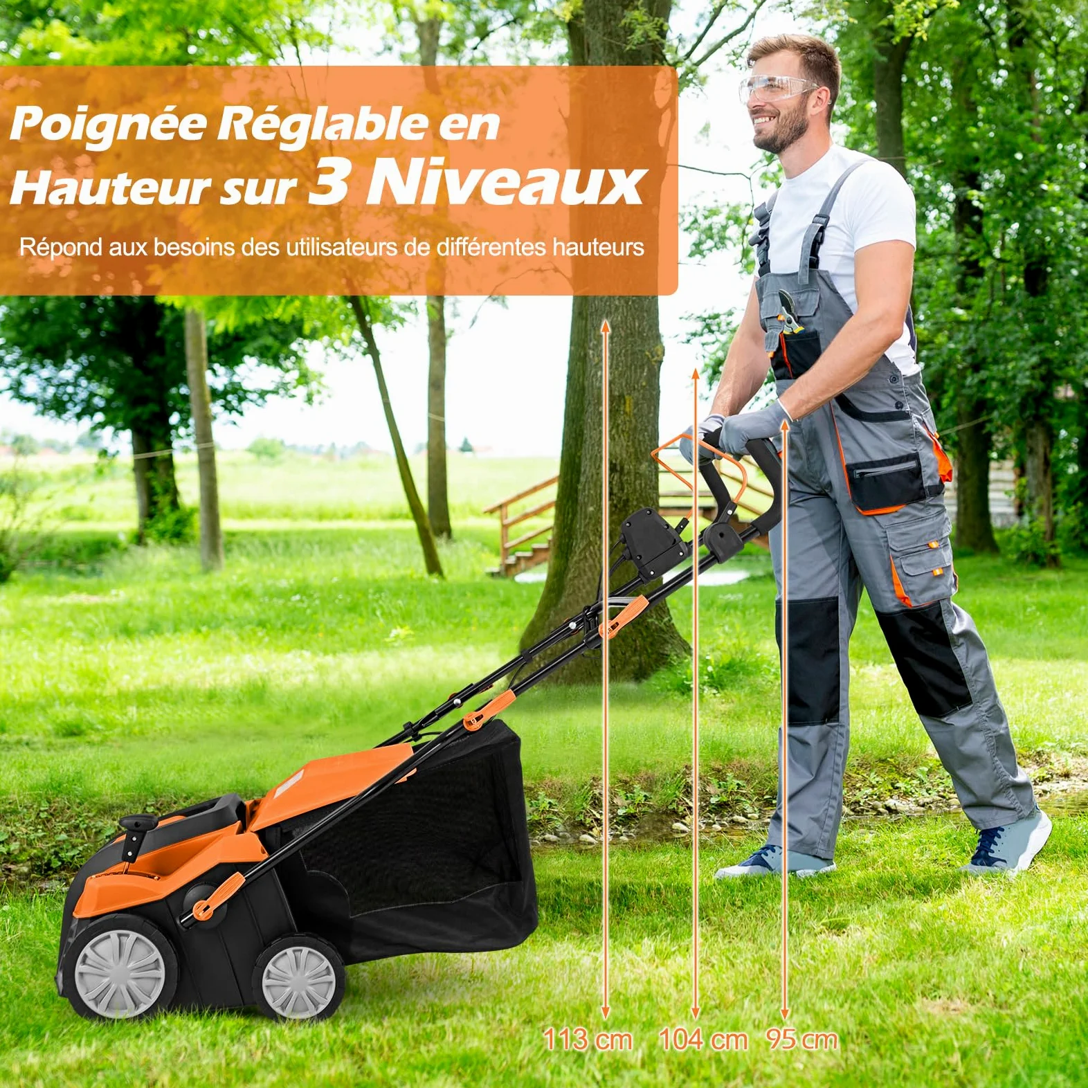 GOPLUS 2 en 1 Déchaumeuse Scarificateur Electrique 2000W, Largeur de Travail 40cm, 3500rpm, 5 Profondeurs Réglable, 3 Hauteurs Poignée, Sac 55L Amovible, Râteau Electrique Pliable Pelouse 800㎡(Orange)