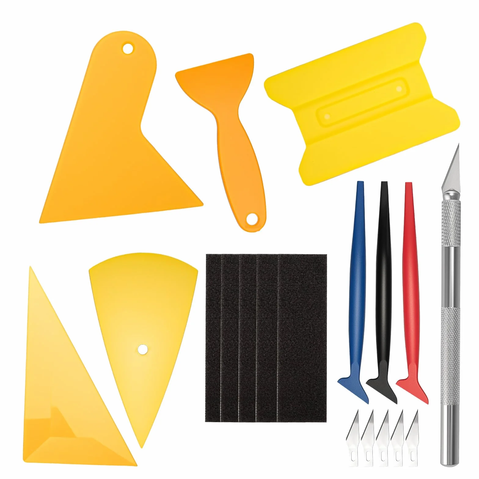 VINATO Kit de 10 Racloirs pour Films Automobile et Vitres – Raclette en Feutre, Triangulaire, Micro Raclette, Grattoir à Bords, Cutter de Précision