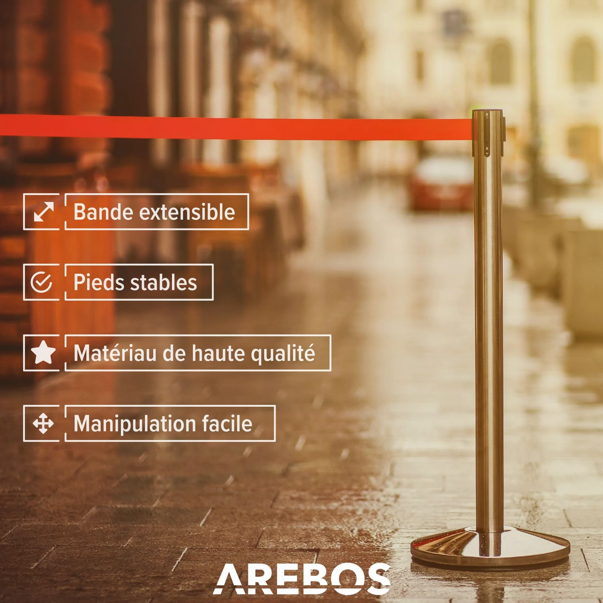 Arebos Barrières de sécurité Rétractable Poteaux de Guidage avec Cordes Rouge Argenté Système de Balisage