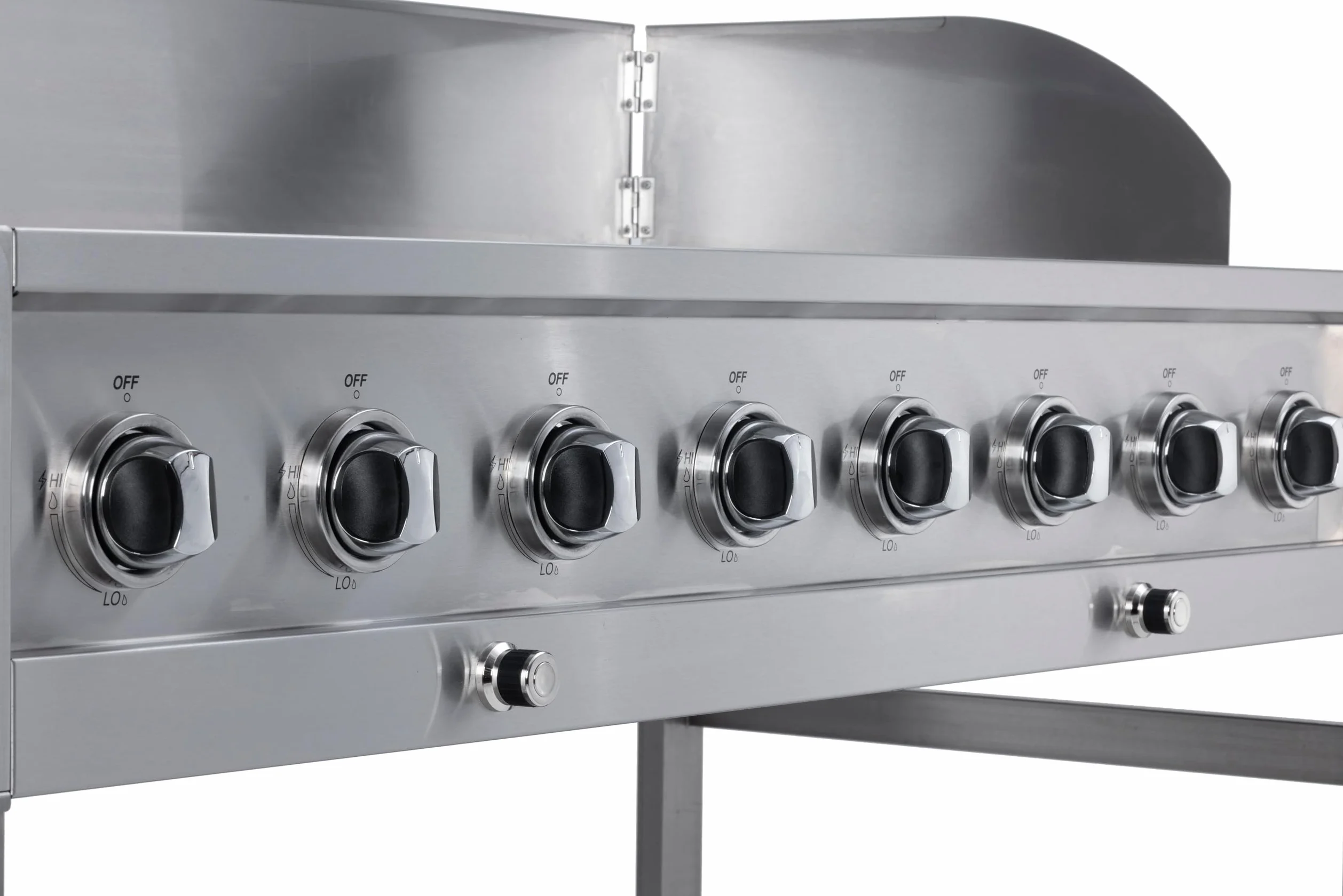 METRO Professional Barbecue à Gaz, Acier Inoxydable, 8 Brûleurs, 32 kW, Puissance 116 000 BTU, 4 Grilles de Cuisson, Roulant, Tables Pliables, Argent