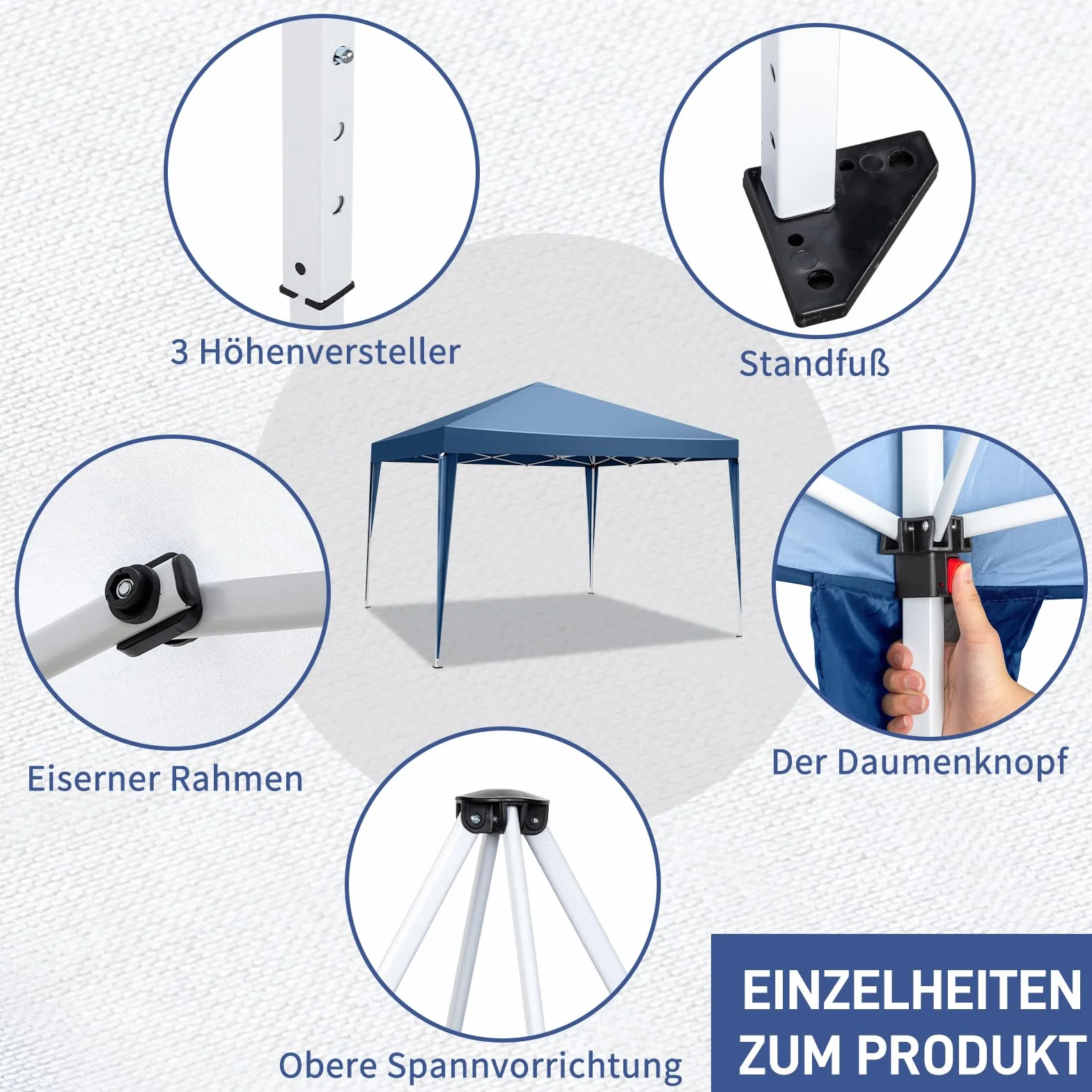 3x3m Tonnelle de Jardin Pliable Aluminium Imperméable Tente de Reception avec aux UV Pavillon Bleu Bâche PE Epaisse de env pour Fête Marriage Les Activités Commerciales (Bleu)