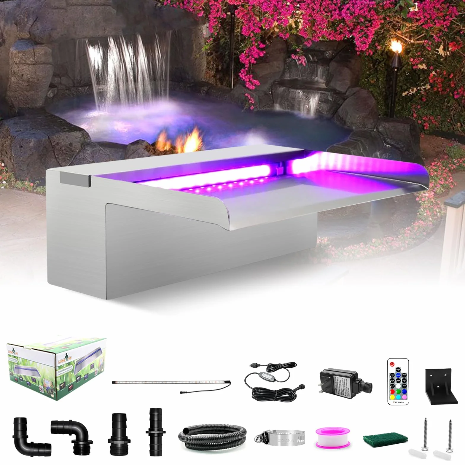 LONGRUN Cascade Piscine Fontaine Lame d'Eau 30cm Acier Inoxydable LED 7 Couleurs