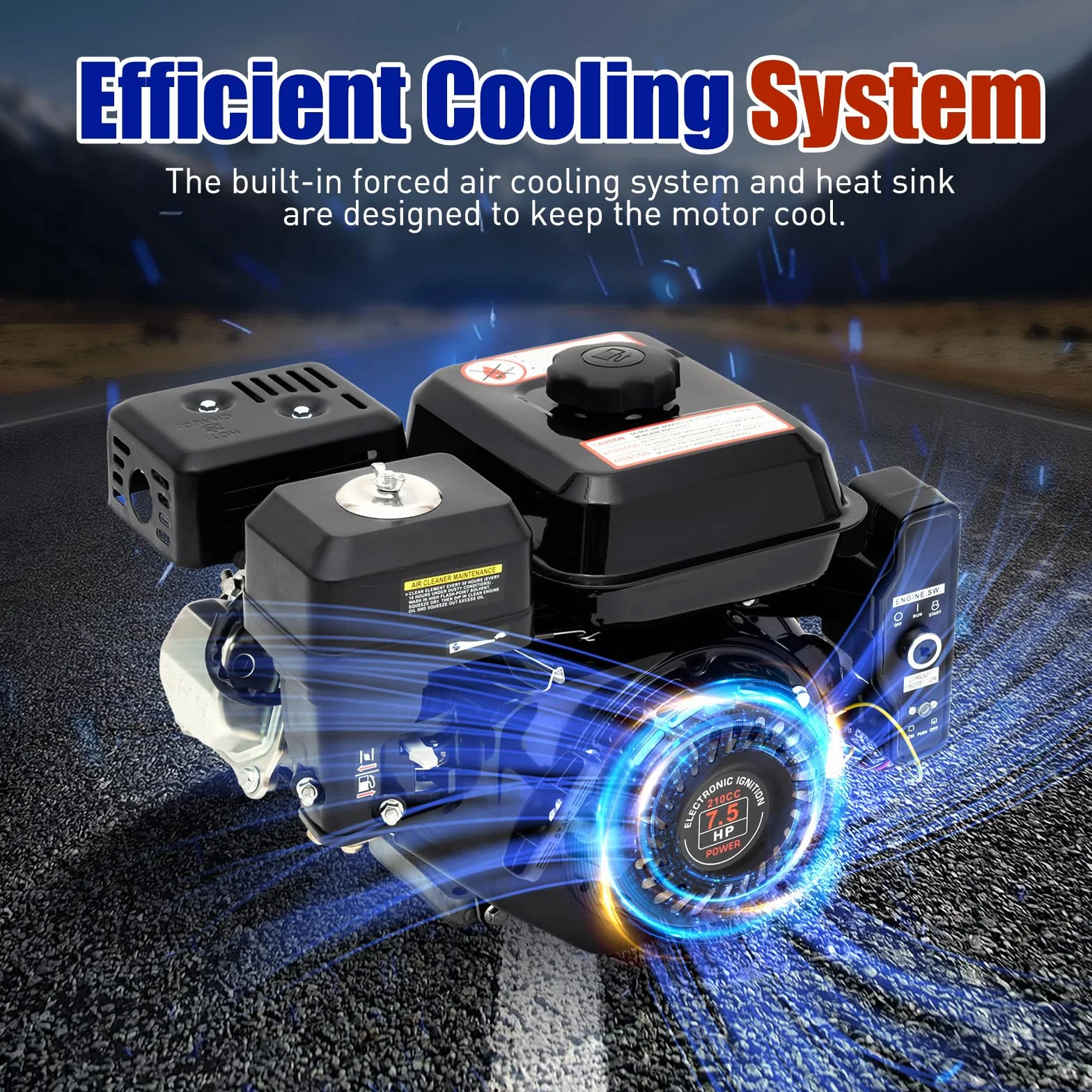 Moteur à essence 4 temps 7,5 CV avec démarreur électrique | Moteur industriel OHV 210 cc (3600 tr/min, couple 10,8 Nm) pour nettoyeur/générateurs haute pression, système de protection refroidi par air
