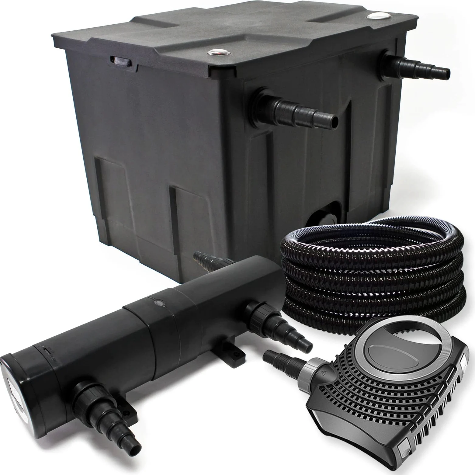 Wiltec Kit complet: CBF-350 Filtre de bassin jusqu'à 12000 L Biologique, NEO10000 SuperECO pompe de filtration 10000l/h 80W, CUV-236 lampe uv UVC Clarificateur avec 36W, 25m Tuyau 25 mm