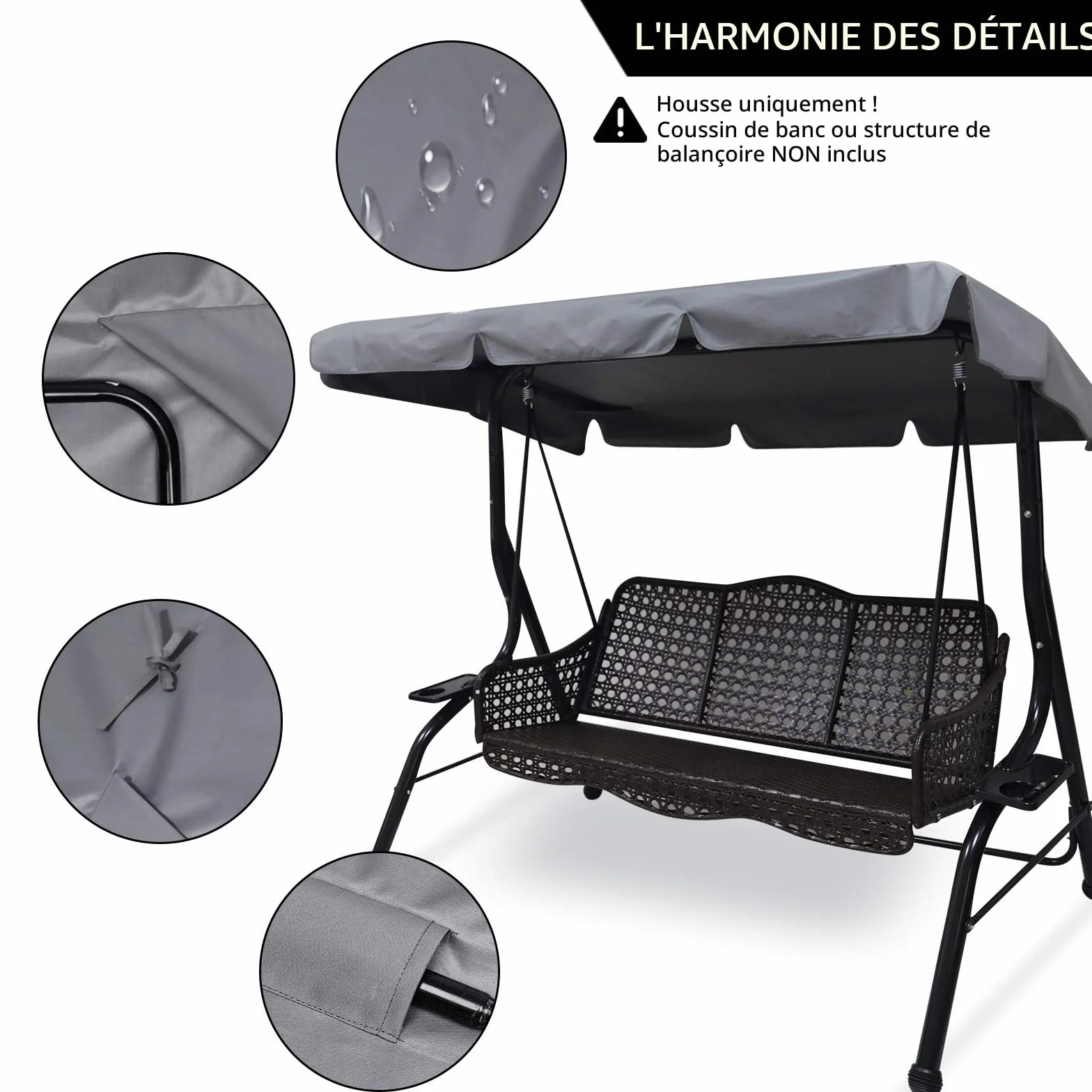 Toit de Rechange pour Balancelle de Jardin, Housse de Rechange, Toit de balançoire, Canopée pour Balancelle Remplacement de l'Auvent de Balançoire Extérieure pour Balançoire de Jardin 3 Places (S)