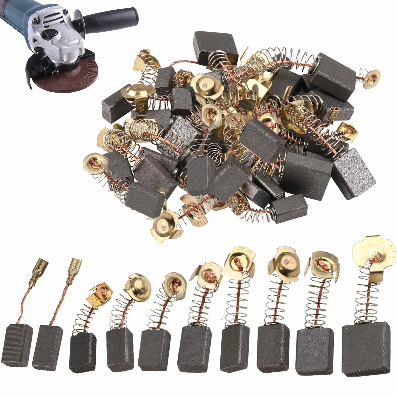 Balais Charbon Moteur Electrique Universel Lot de 30 - Remplacement Brosses Carbone pour Outils Percussion Scies Meuleuses Angle 10 Tailles
