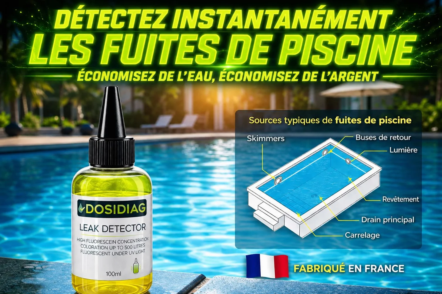 Détecteur de fuite DOSIDIAG - Fluorescéine haute concentration - Recherche fuite piscine SPA plomberie toiture voiture
