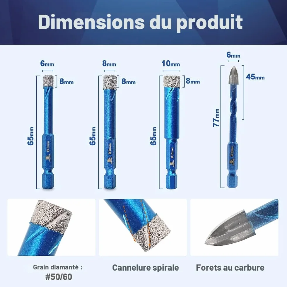 BRSCHNITT Forets Mèches Diamant Carrelage 6/6/8/10+6mm 5 Pièces Céramique Porcelaine Granit