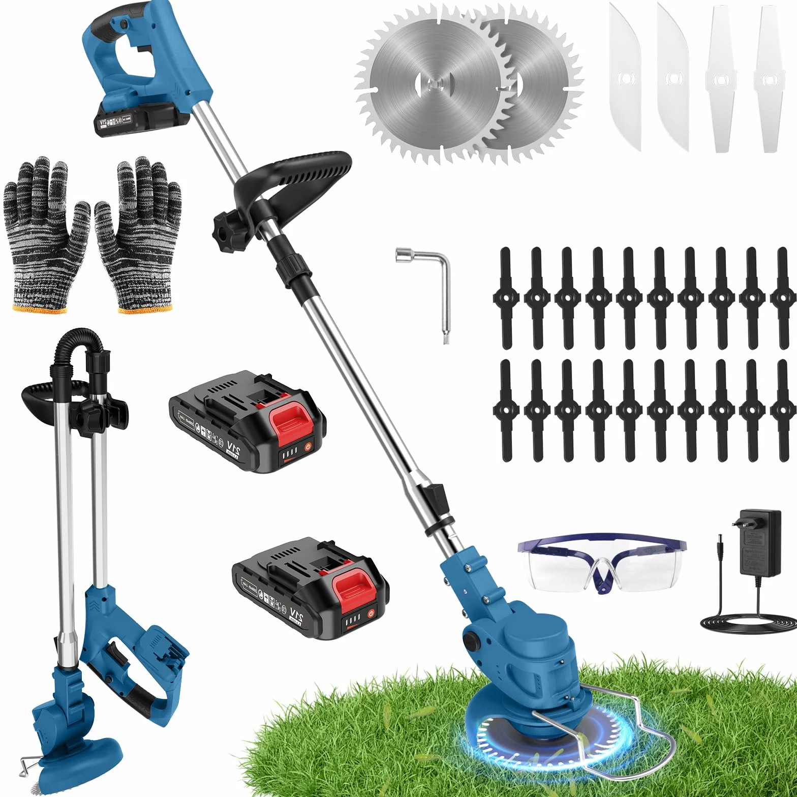 Debroussailleuse Electrique sans Fil 850W Rotofil Batterie 1.8kg Pliable 60cm Manche Telescopique 2X 2000mAh 26 Lames 4 Types pour Entretien Jardin (Bleu Encre)